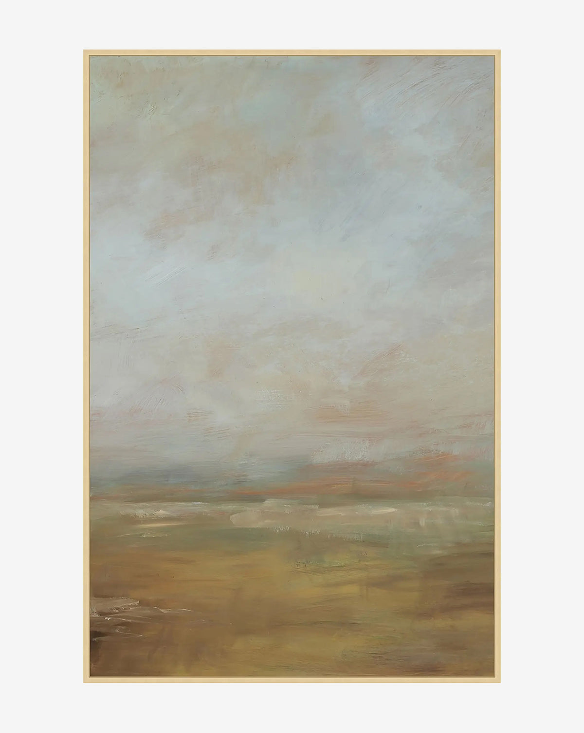 The Meadow View II by Patricia Perron features a soft, abstract landscape in muted earth tones. This giclee on canvas is elegantly framed in light wood, showcasing a hazy sky above green, brown, and beige fields by Vendixs