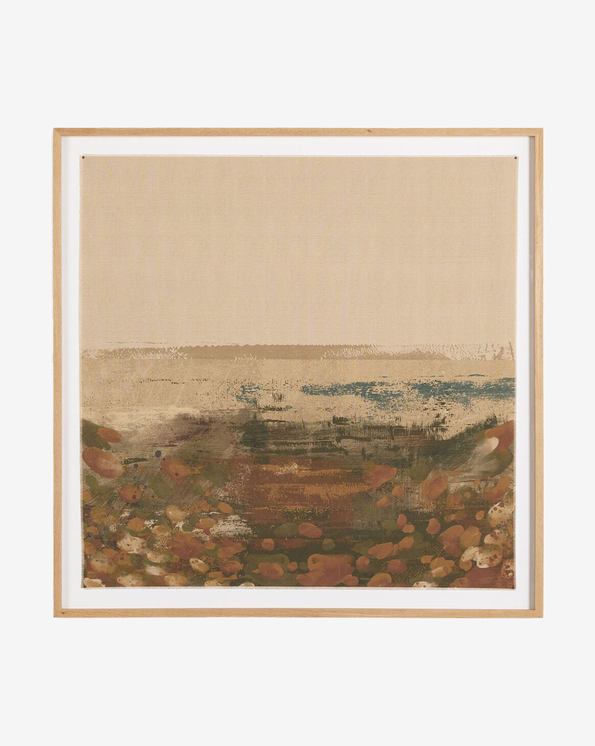The Meadow by Coup dEsprit is an abstract landscape painting in earthy brown, green, and orange on raw canvas, suggesting a field or shoreline beneath a beige sky. Presented in a light wood frame, by Vendixs