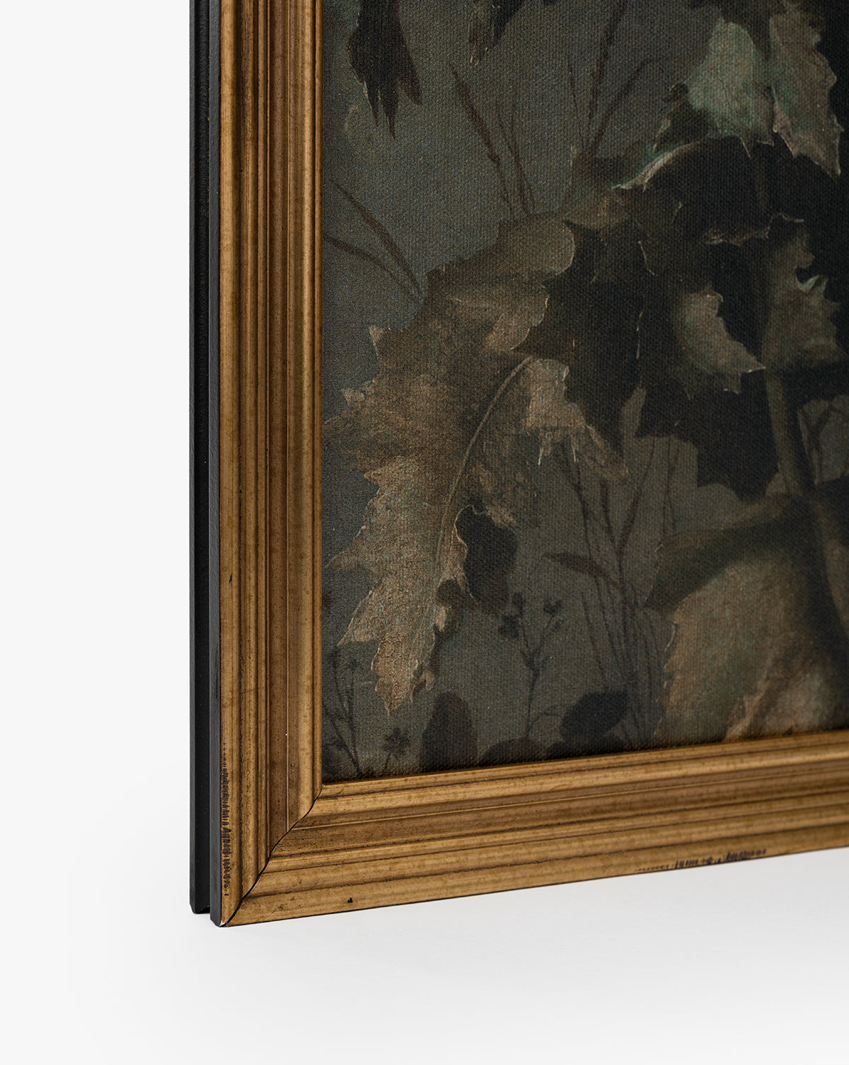 Close-up of the bottom left corner of Thistle Down, a framed painting featuring dark, earthy leaves and subtle plant details. A grooved wooden frame with natural finish further enhances this elegant piece of flower wall art by Vendixs