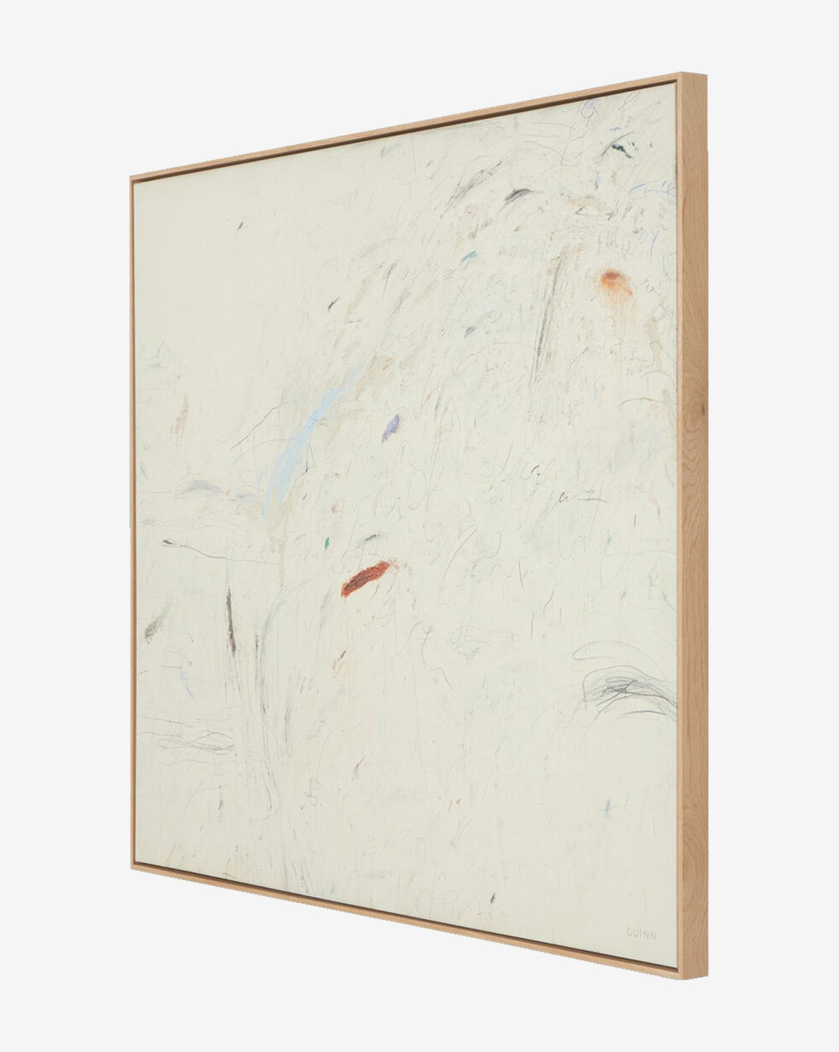 “To Show the Way” by Tyler Guinn is a framed abstract artwork featuring a mostly white background with delicate lines and subtle smudges in blue, red, and black, creating expressive brush strokes for a minimalist, airy look by Vendixs