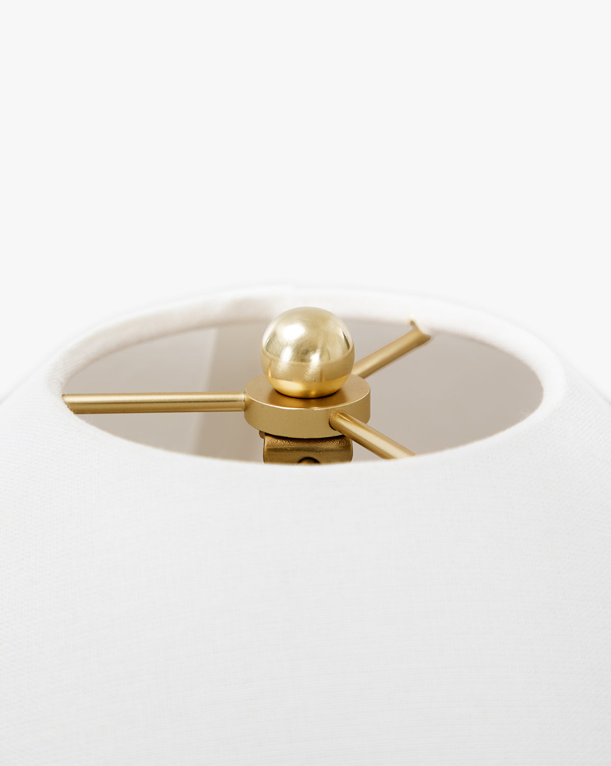Close-up view of the Townes Floor Lamps white linen shade, highlighting its reeded brass finial and internal metal support structure, by Vendixs