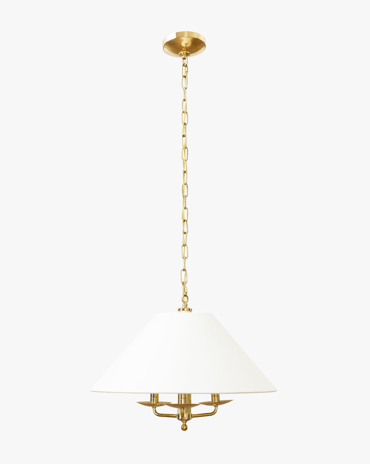 The Townes Pendant features a brass finish and a white linen shade, suspended by a gold chain against a plain white background, by Vendixs