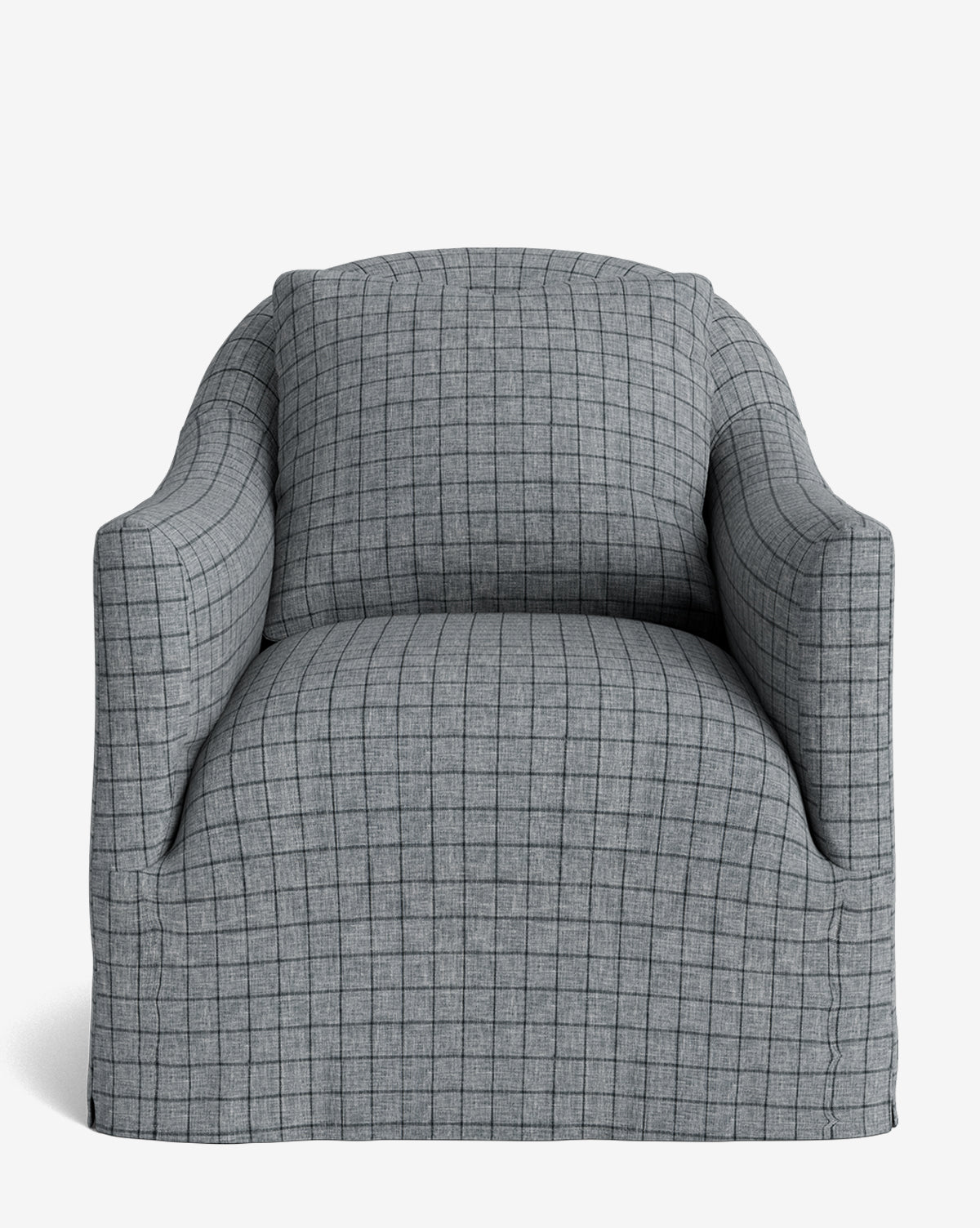 The Trudeaux Slipcover Swivel Chair is a gray upholstered lounge chair with a subtle black grid pattern, curved backrest and armrests, plus a skirted base, shown against a plain white background by McGee & Co.