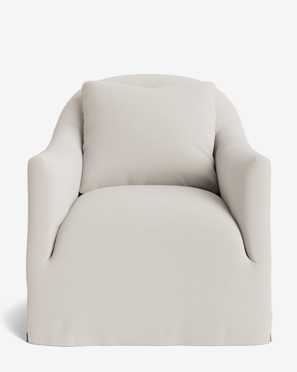 Front view of the Trudeaux Slipcover Swivel Chair, upholstered in light beige fabric with a loose back cushion and curved armrests—an inviting, customizable piece ideal for modern interiors, by McGee & Co.