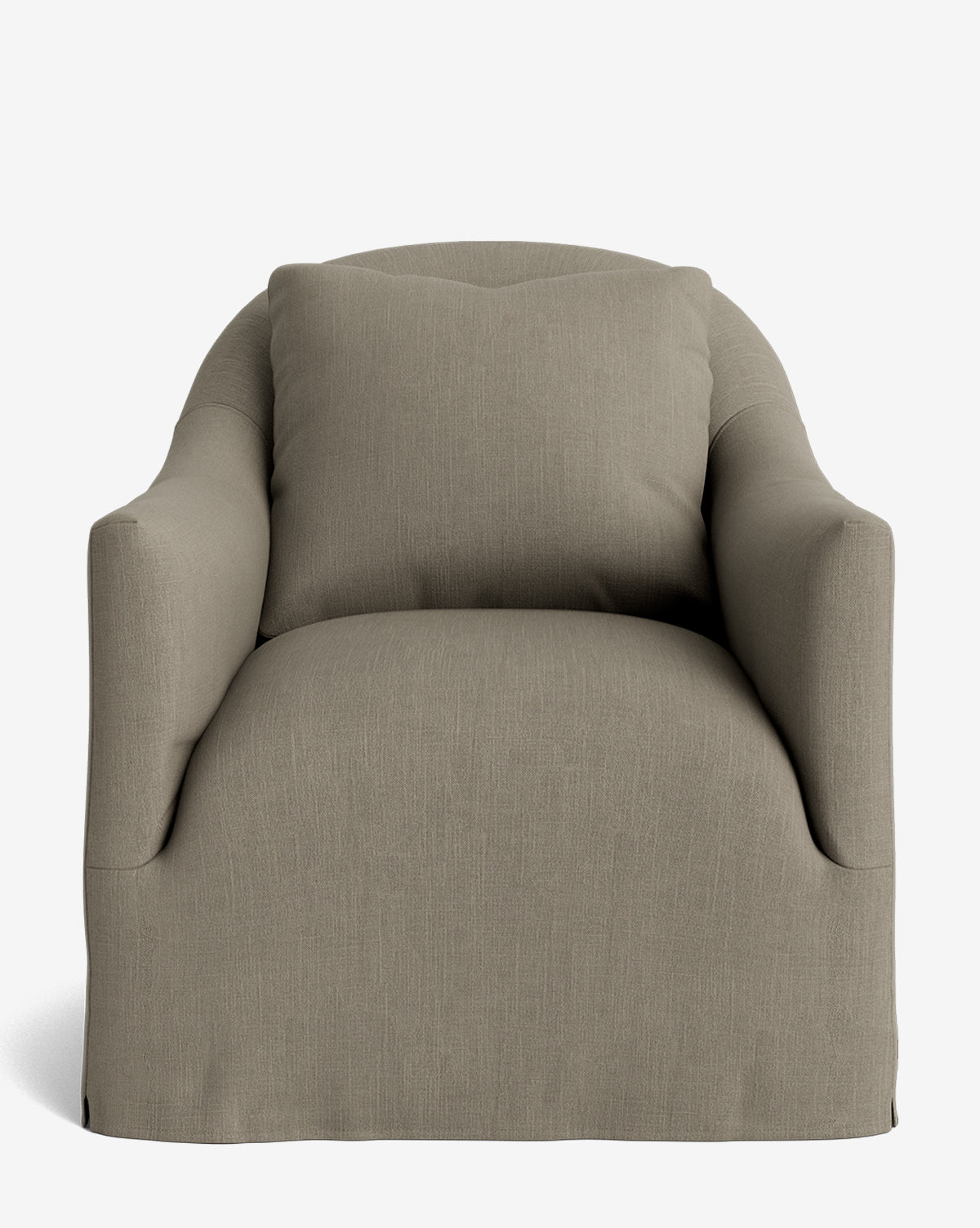 A front view of the Trudeaux Slipcover Swivel Chair with a thick cushion and rounded arms, upholstered in light brown fabric against a white background. This customizable chair offers comfort and style for any space, by McGee & Co.