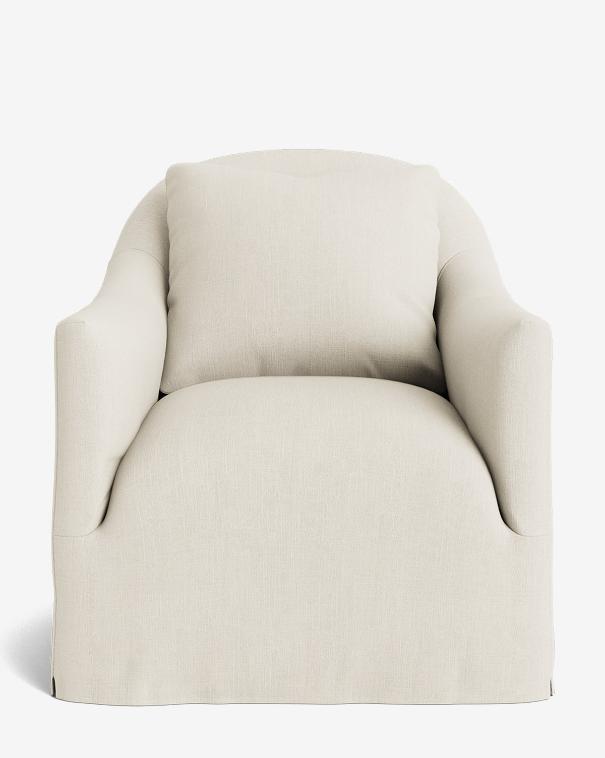 The Trudeaux Slipcover Swivel Chair features a plush, cream-colored design with curved arms and a cushioned backrest, making it the ideal customizable lounge chair for any living space, by Vendixs