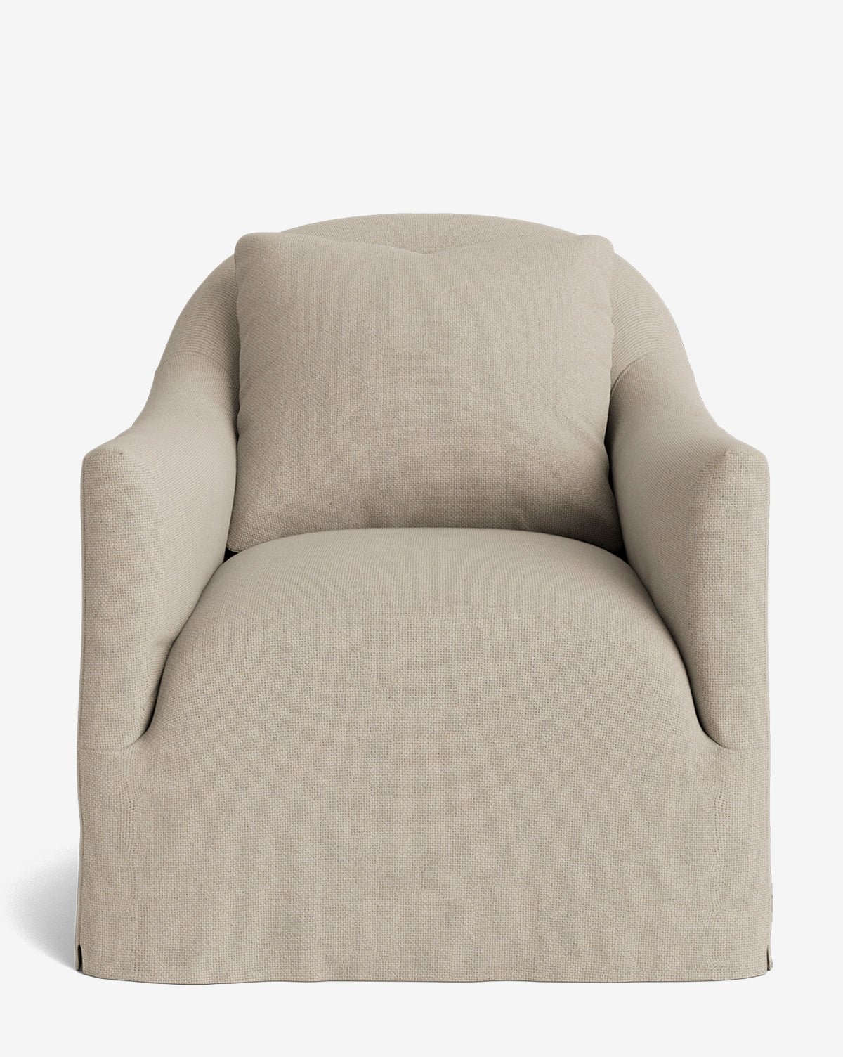 A front view of the Trudeaux Slipcover Swivel Chair in beige upholstery, featuring padded armrests, a wide seat, and a matching back cushion, set against a plain white background by McGee & Co.