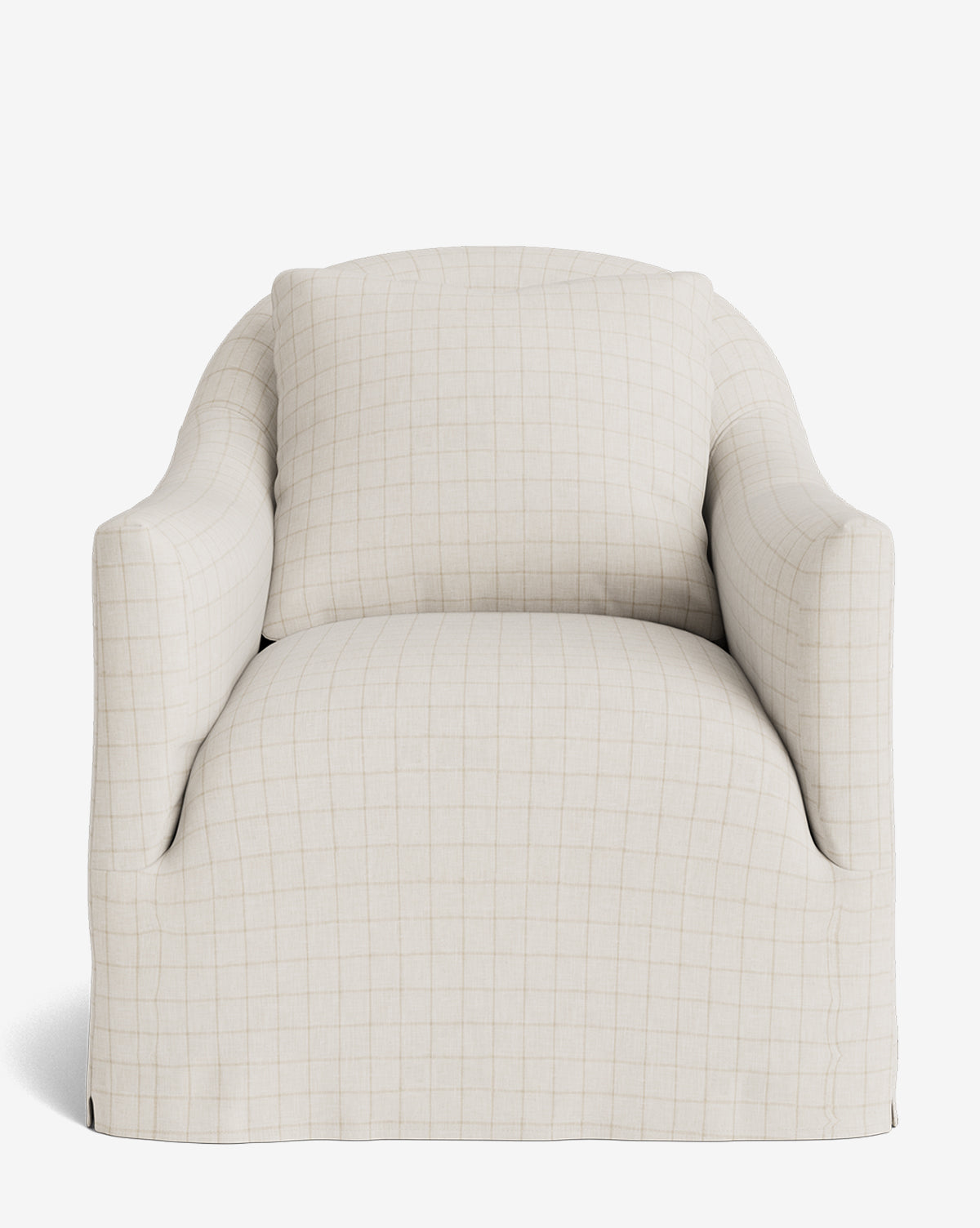 A front-facing view of the Trudeaux Slipcover Swivel Chair, featuring plush light beige upholstery with a subtle grid pattern and rounded armrests, set against a plain white background by McGee & Co.