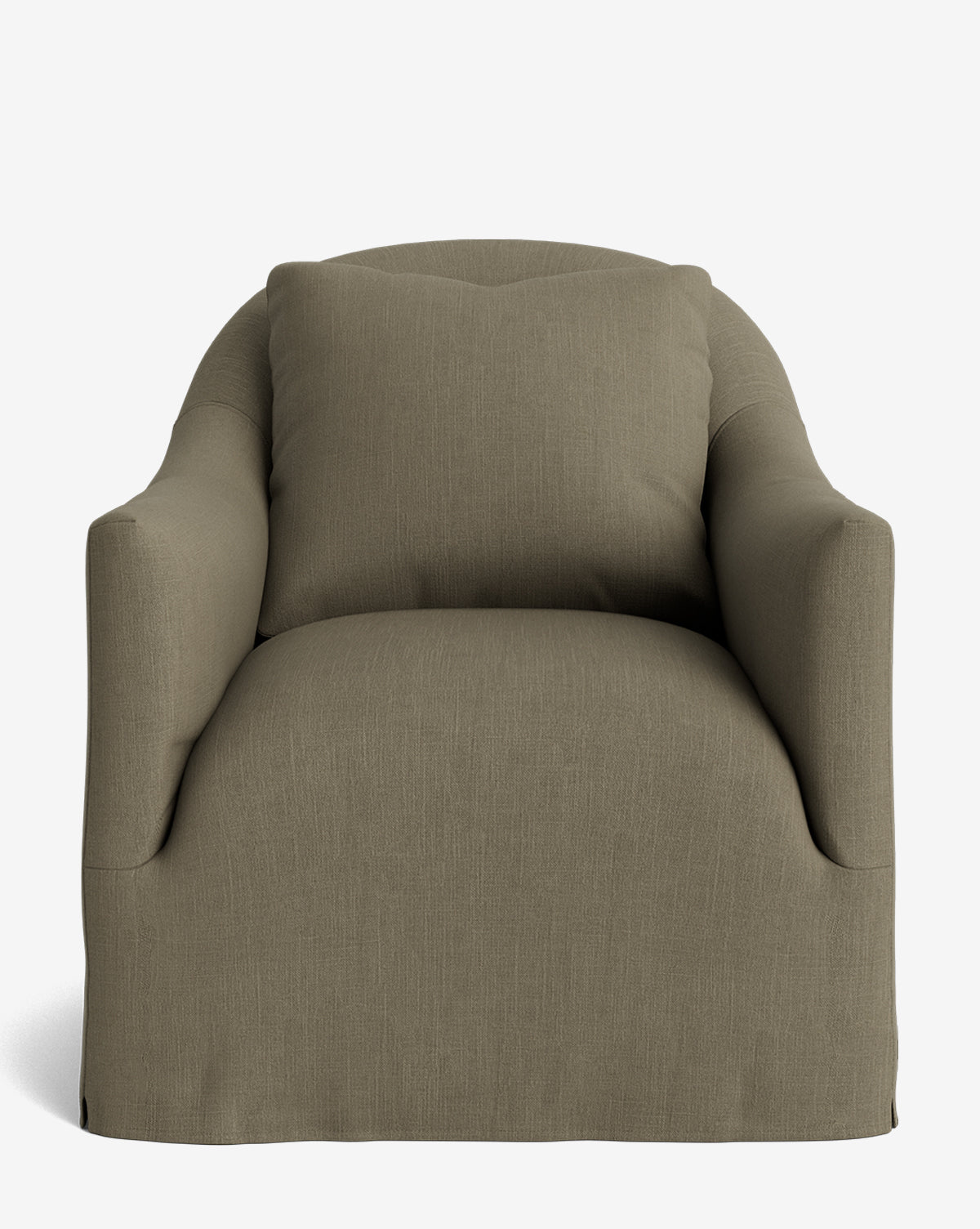 A front view of the Trudeaux Slipcover Swivel Chair, featuring modern design, olive green fabric upholstery, a cushioned seat, and a loose back pillow, displayed against a plain white background, by McGee & Co.
