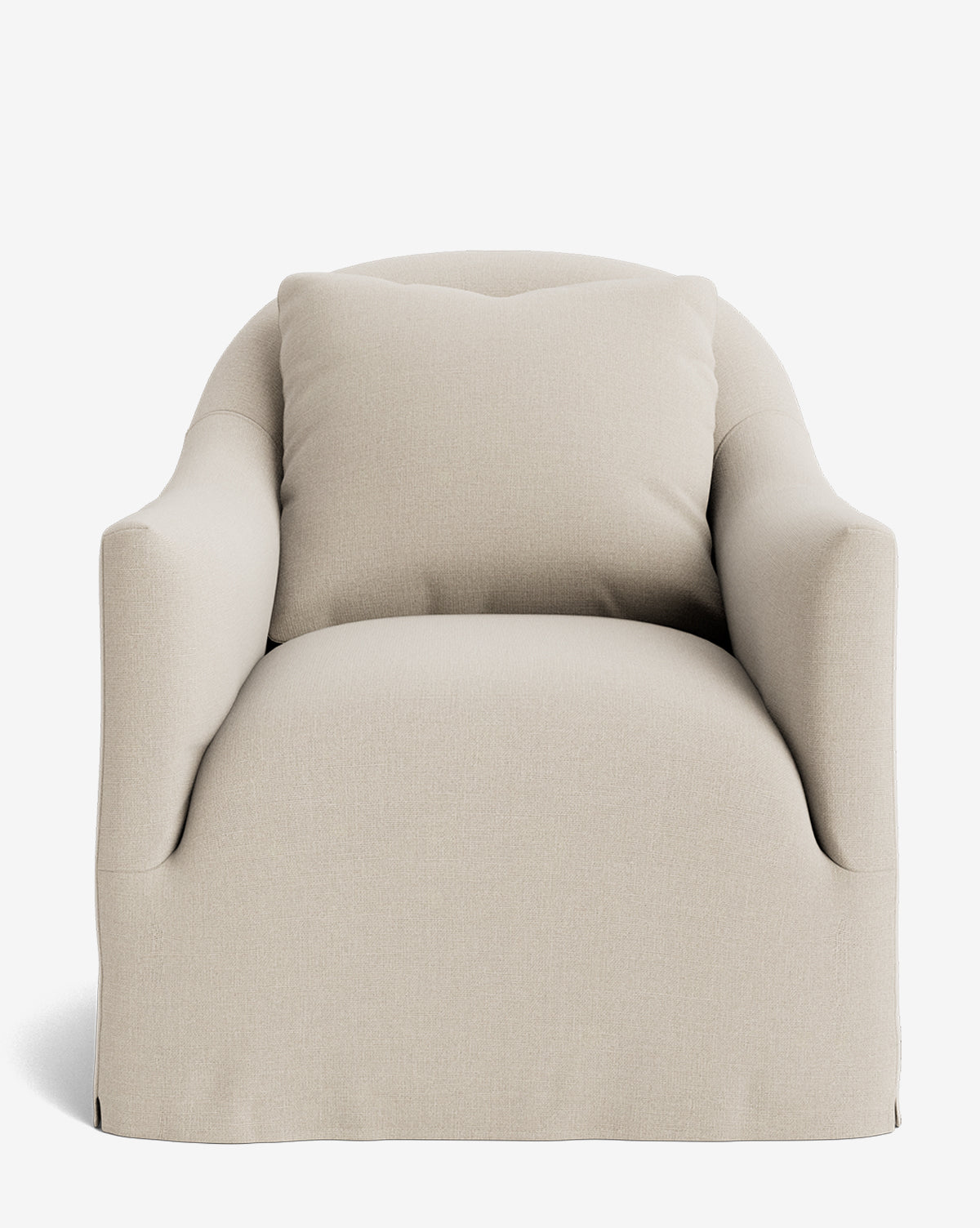 A front-facing view of the Trudeaux Slipcover Swivel Chair, a modern lounge chair in light beige with plush cushioning and rounded arms, set against a plain white background by McGee & Co.