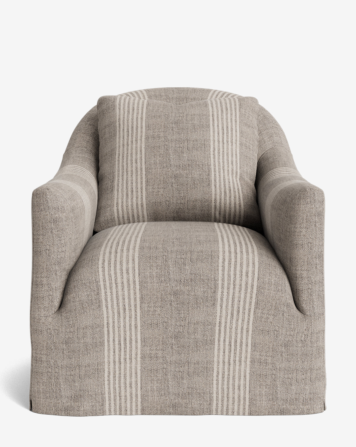 The Trudeaux Slipcover Swivel Chair is a modern lounge chair upholstered in beige fabric with vertical off-white stripes, displayed from the front against a white background by McGee & Co.