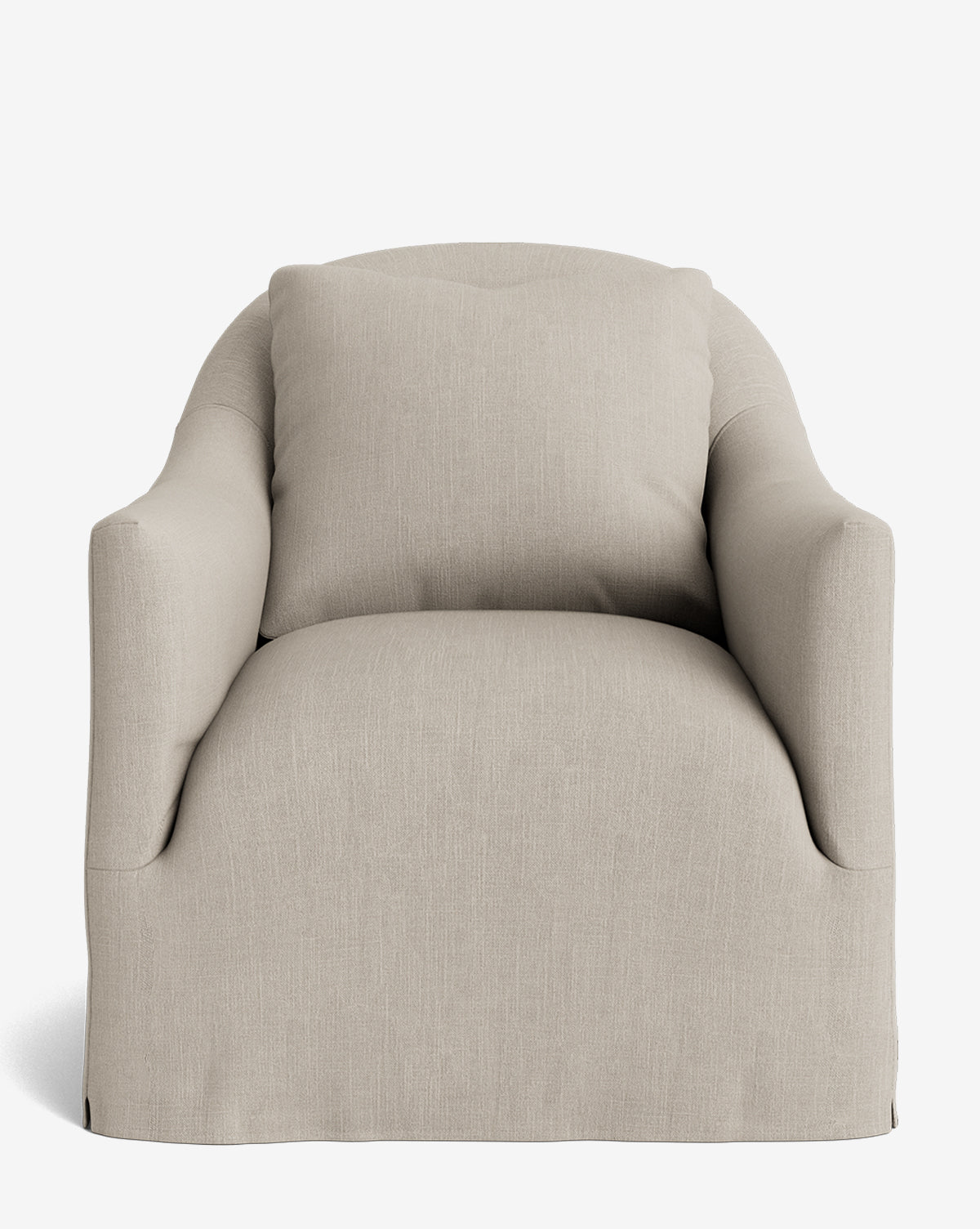 The Trudeaux Slipcover Swivel Chair is a modern lounge chair with rounded arms, upholstered in light beige fabric. Shown from the front against a plain white background, it offers a relaxed and comfortable appearance by McGee & Co.