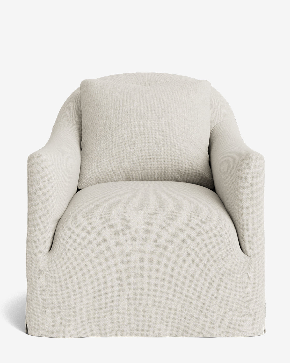 The Trudeaux Slipcover Swivel Chair is a modern lounge chair in light beige fabric, featuring a rounded back, sloped arms, and a loose back cushion, shown from the front against a white background by McGee & Co.