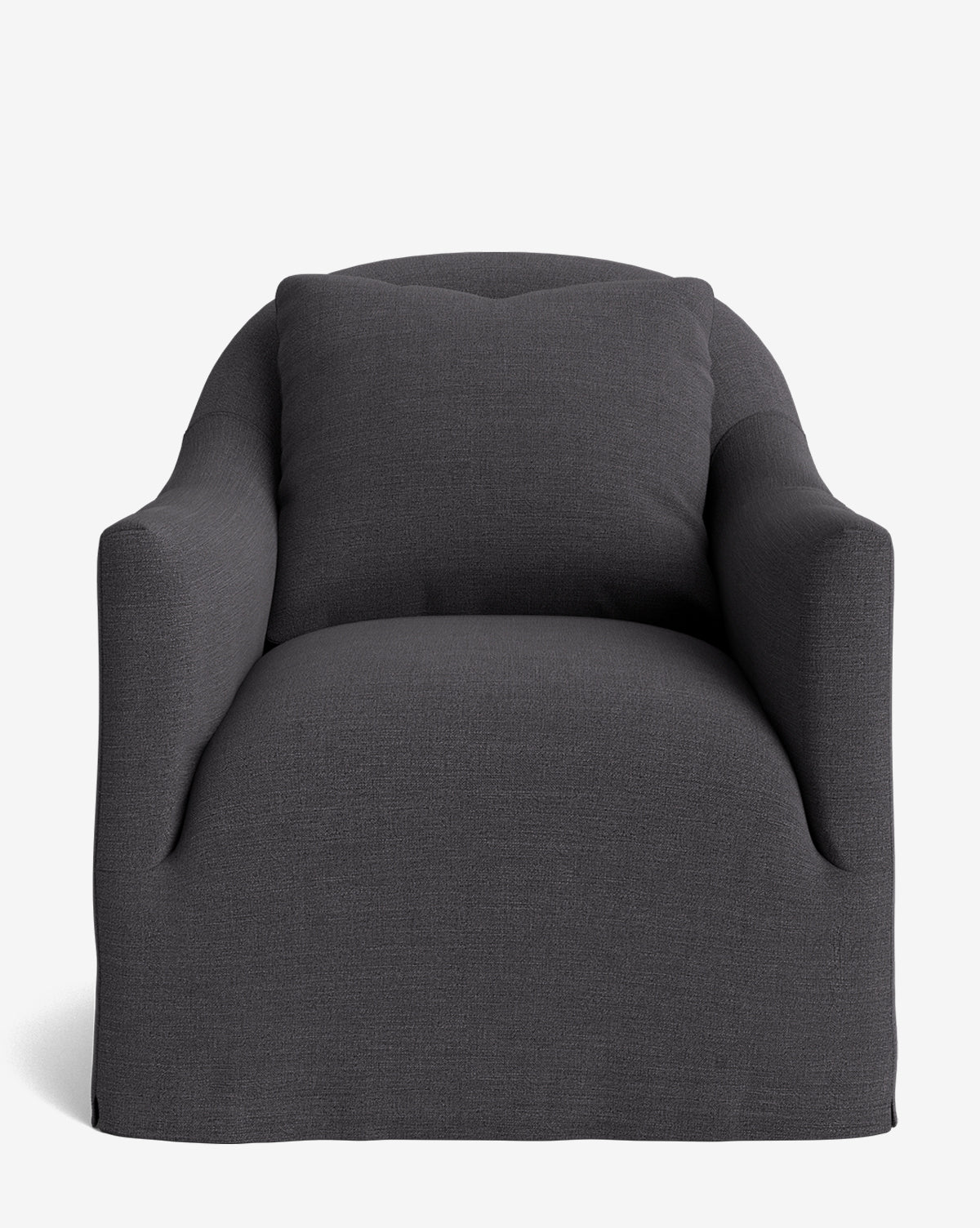 The Trudeaux Slipcover Swivel Chair features a modern dark gray upholstery, rounded arms, and a matching cushion, presented against a plain white background by McGee & Co.