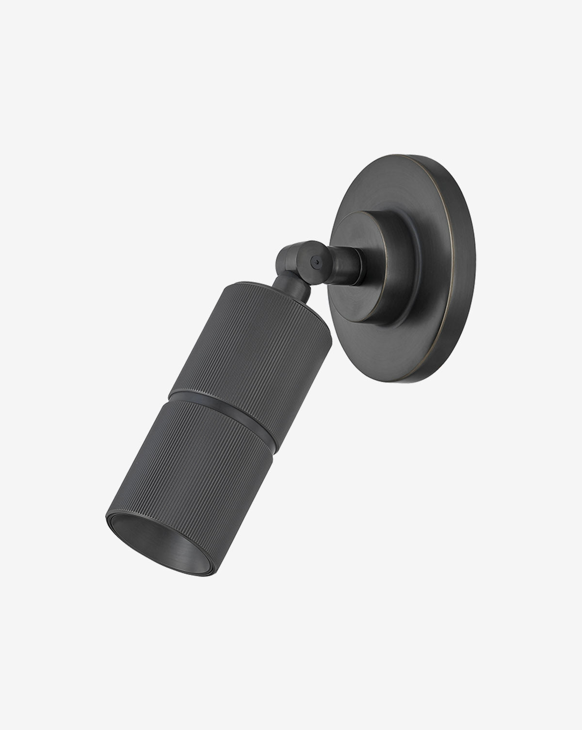 The Truett Sconce by Hudson Valley Lighting is a modern black wall fixture with a ribbed texture, adjustable aged brass head, and round base, shown against a white background, Vendixs