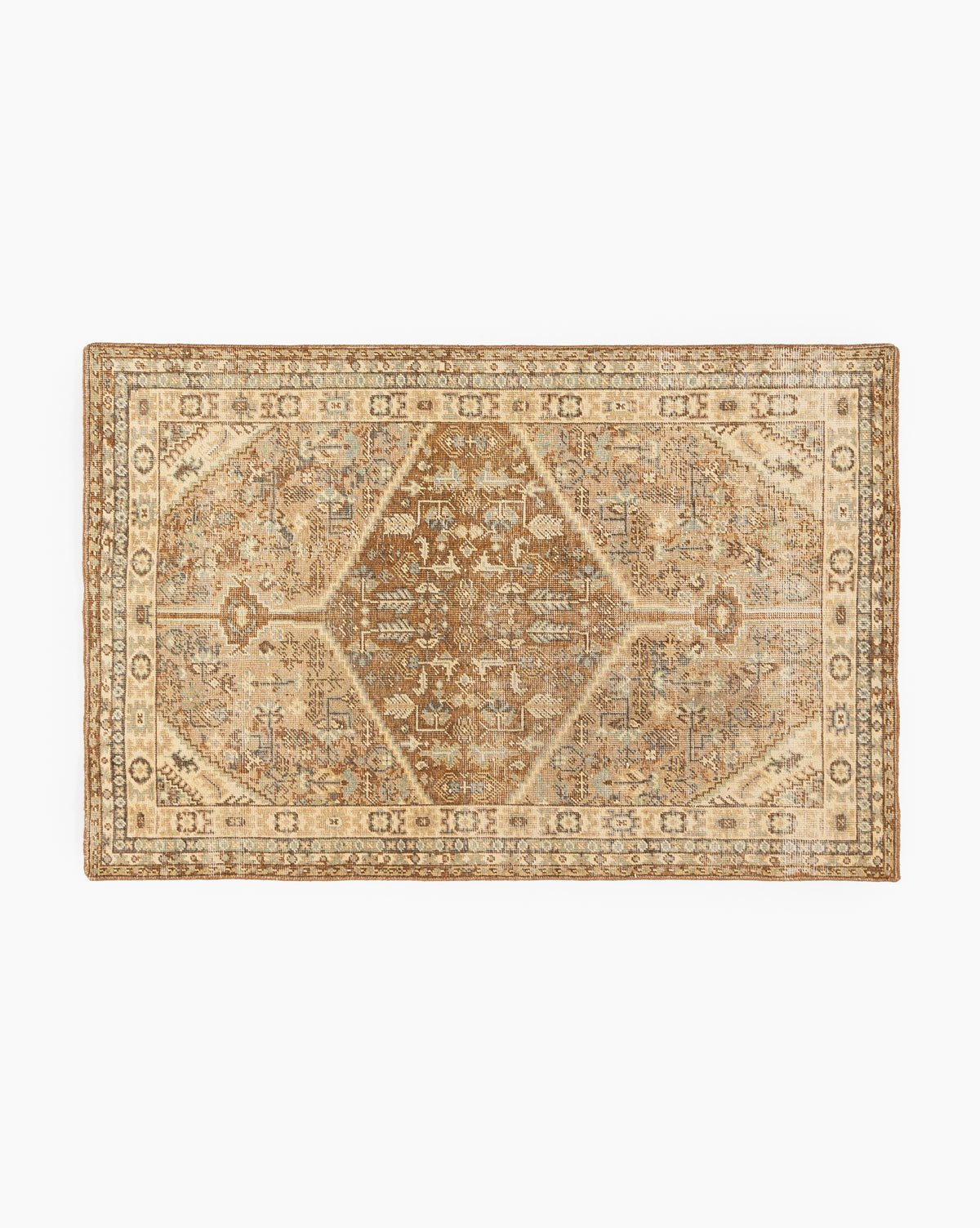 The Tulie Hand-Knotted Wool Rug features a rectangular, vintage-inspired design with intricate floral and geometric patterns in beige, brown, and cream, plus a thick decorative border and distressed detailing for an antique look, by Vendixs