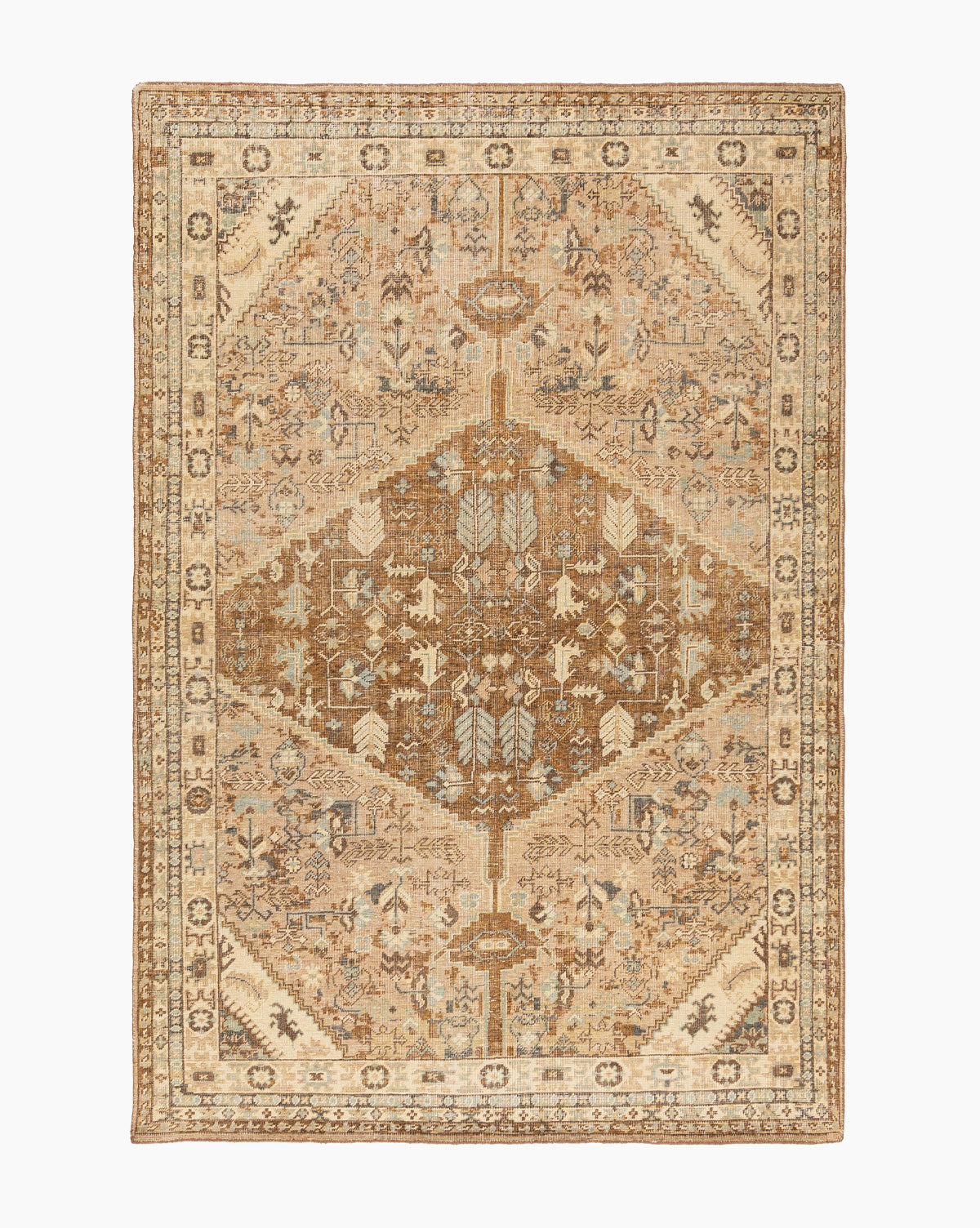 The Tulie Hand-Knotted Wool Rug features a rectangular shape with an intricate symmetrical pattern in beige, tan, and brown, highlighted by a central medallion, floral motifs, and a detailed border for a timeless traditional style, by Vendixs