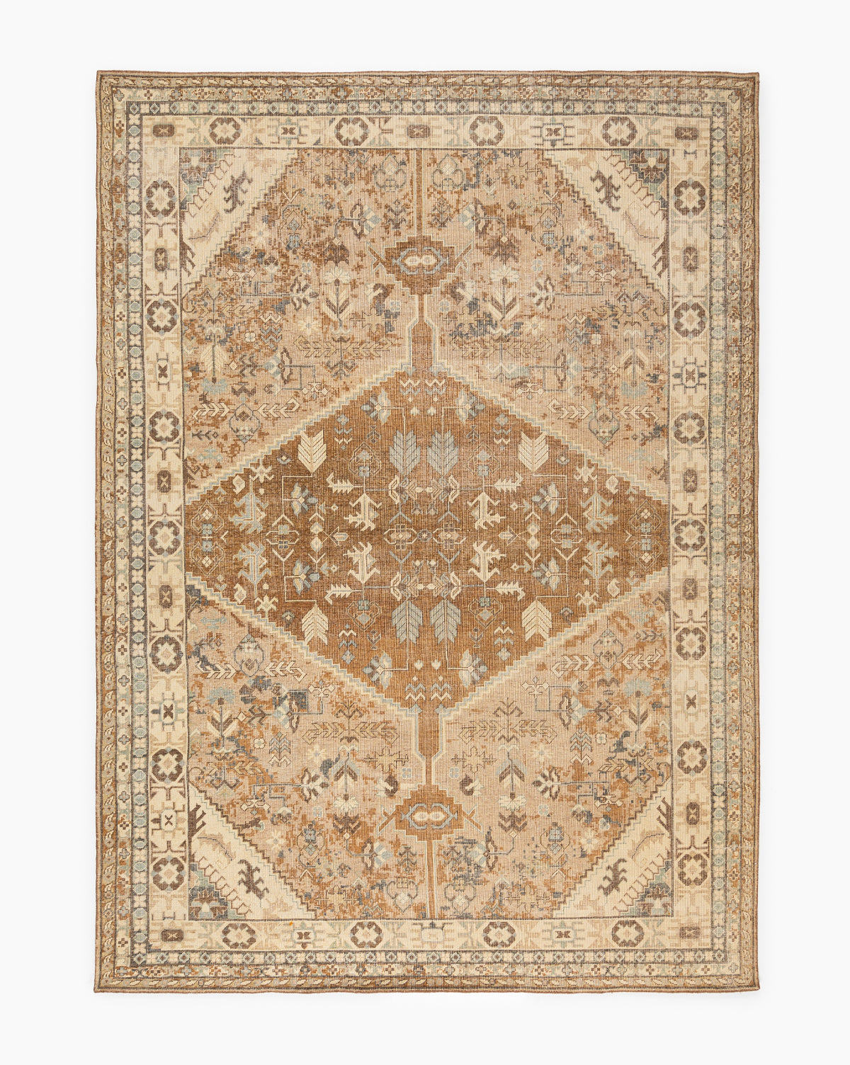 The Tulie Hand-Knotted Wool Rug features a vintage rectangular design with intricate geometric and floral patterns in brown, beige, and cream, highlighted by a central diamond medallion and detailed border, by Vendixs