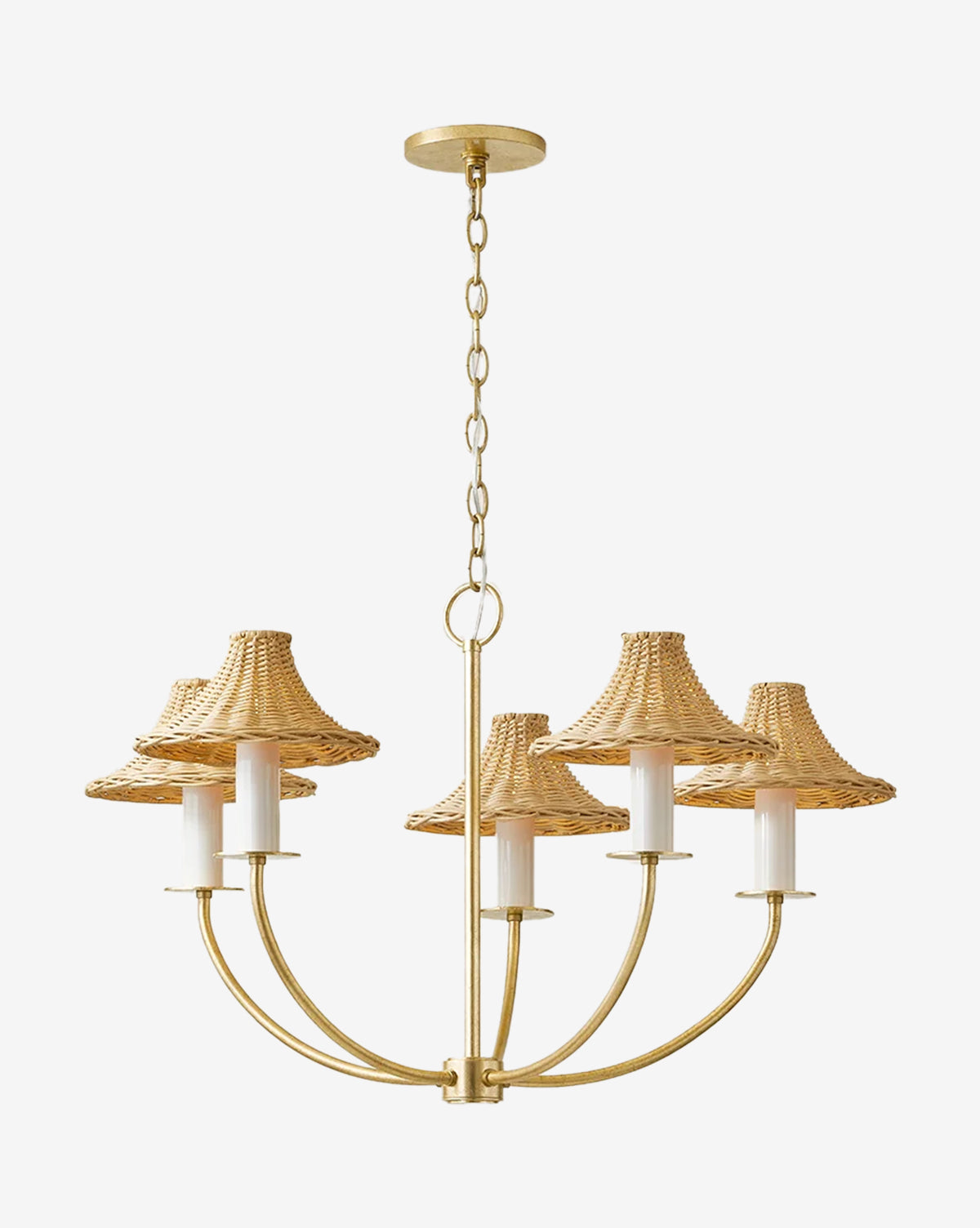 The Twila Chandelier by Hudson Valley Lighting features five curved gold arms, each with a candle-shaped light and woven wicker shade, hanging elegantly from a gold chain—a modern update to the classic rattan chandelier. Vendixs