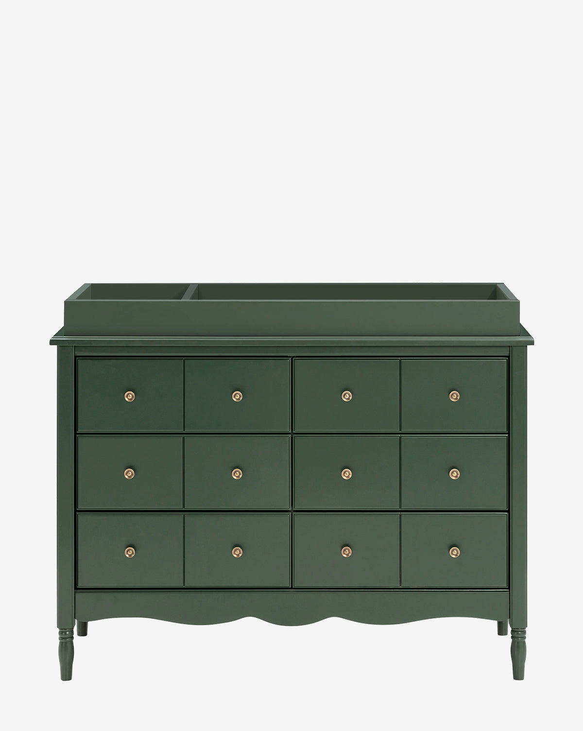A Universal Wide Removable Changing Tray sits atop a dark green dresser with nine drawers, brass knobs, scalloped bottom edge, and raised tray, perfect for organizing baby essentials, set against a plain white background by Vendixs