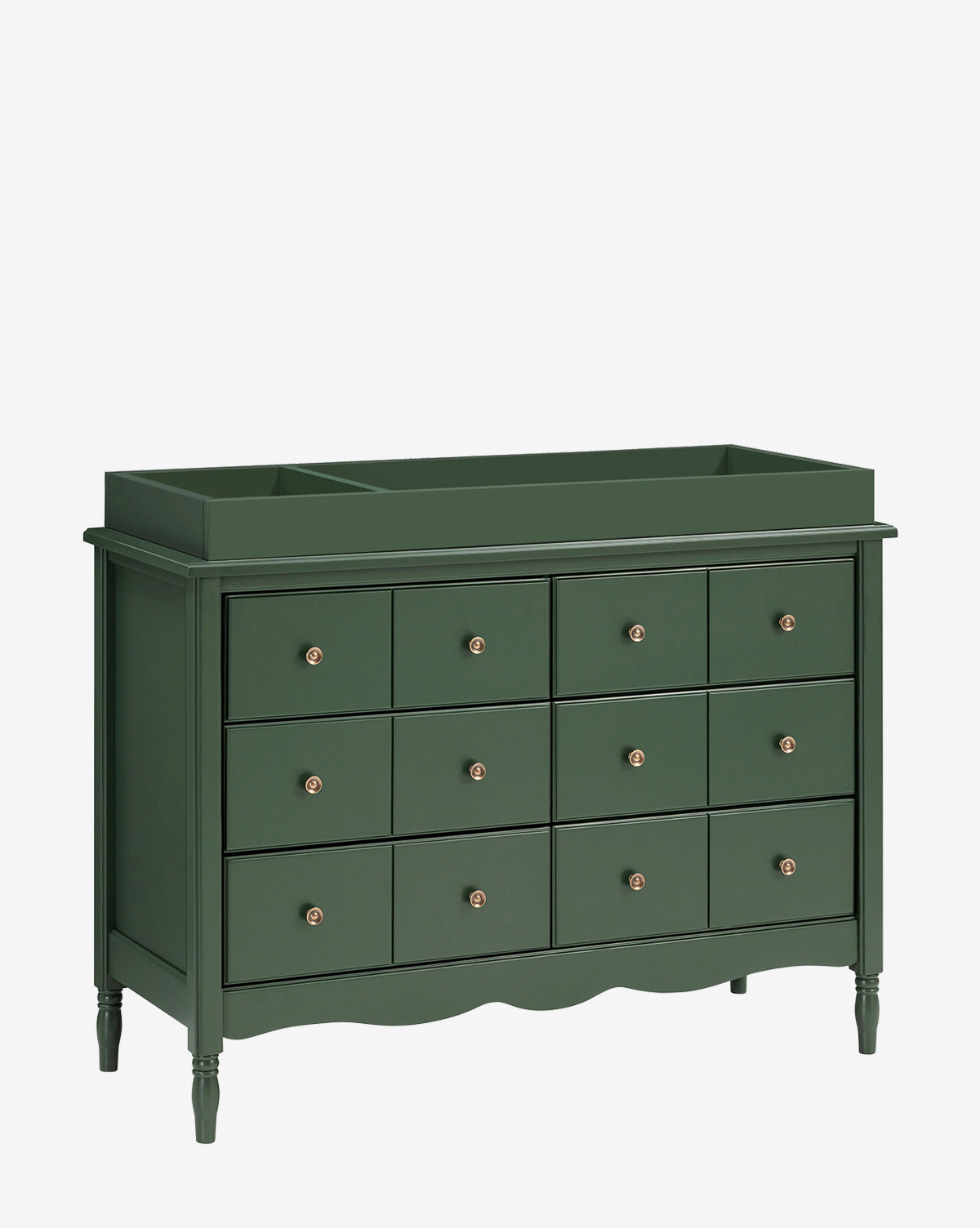 The Universal Wide Removable Changing Tray, a dark green wooden dresser with twelve drawers and round knobs, features raised top edges and stands on four turned legs—ideal for use as a changing table or for organizing baby essentials, by Vendixs
