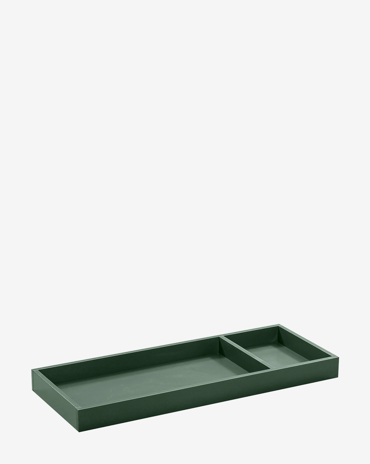 The Universal Wide Removable Changing Tray, in rectangular dark green, features one large and one small compartment for organizing baby essentials and is displayed on a plain white background, by Vendixs