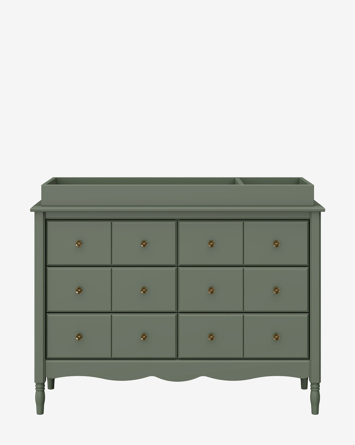 The Universal Wide Removable Changing Tray sits atop a green wooden dresser with twelve drawers, brass knobs, a curved base, and raised edges—ideal for organizing baby essentials or diaper changes, by Vendixs Plain white background.