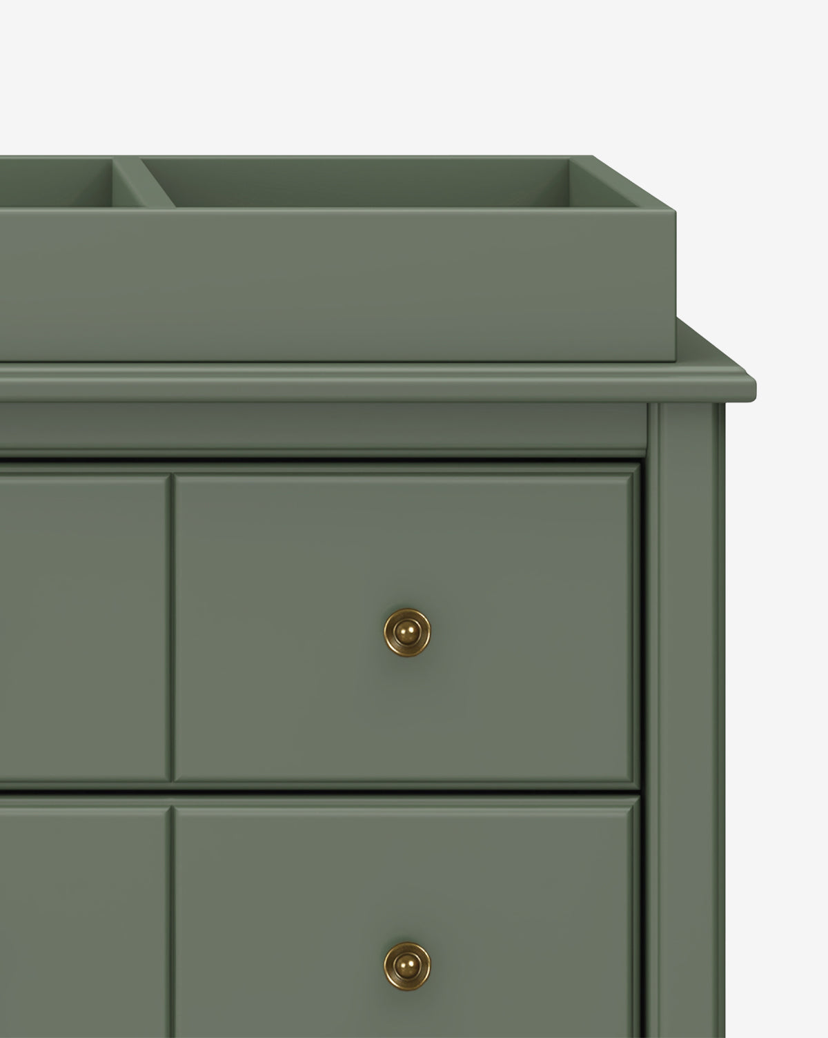 Close-up of the Universal Wide Removable Changing Tray in olive green with gold knobs and raised compartments, perfect for organizing baby essentials, shown against a white background, by Vendixs