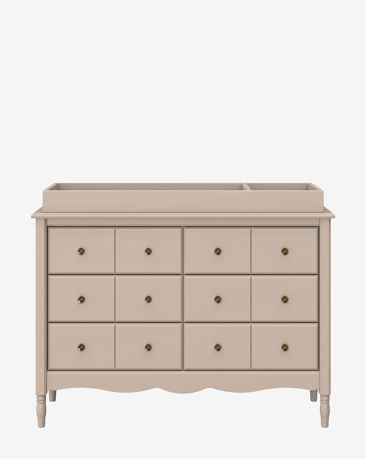 The Universal Wide Removable Changing Tray rests atop a beige wooden dresser with twelve round-knobbed drawers. Its raised-edged, dual-section top is perfect for organizing baby essentials or placing a changing tray, and it stands on four short legs by Vendixs
