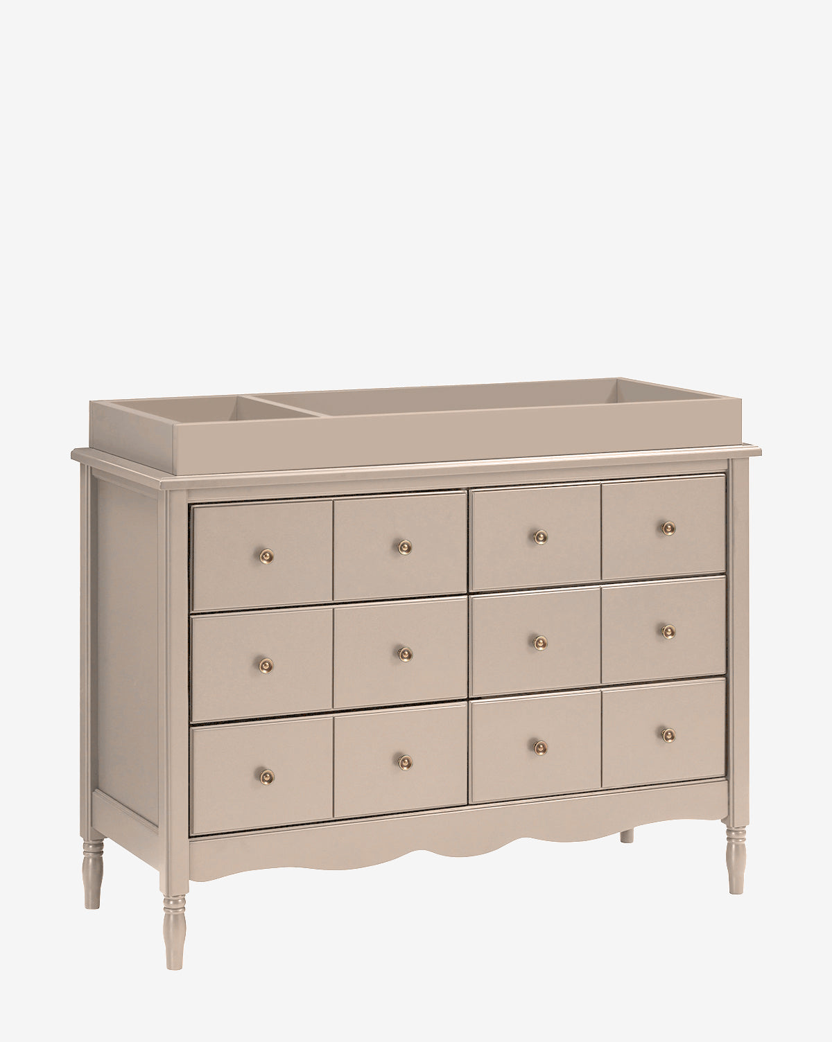 The Universal Wide Removable Changing Tray is a beige wooden dresser with 12 drawers, round gold knobs, curved base details, four turned legs, and an attached removable tray—ideal for organizing baby essentials, by Vendixs