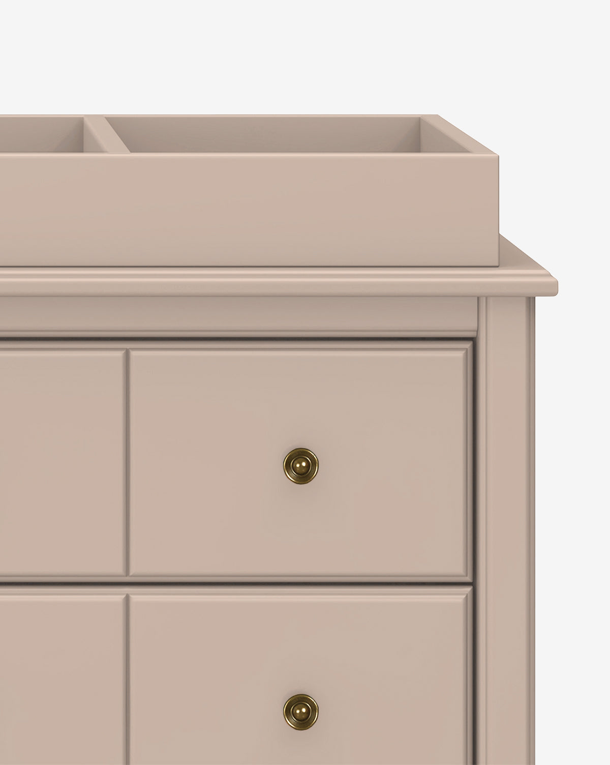 A close-up of the Universal Wide Removable Changing Tray atop a beige dresser with three drawers, each with a brass knob. The raised-edged tray keeps baby essentials secure. The background is plain white, by Vendixs