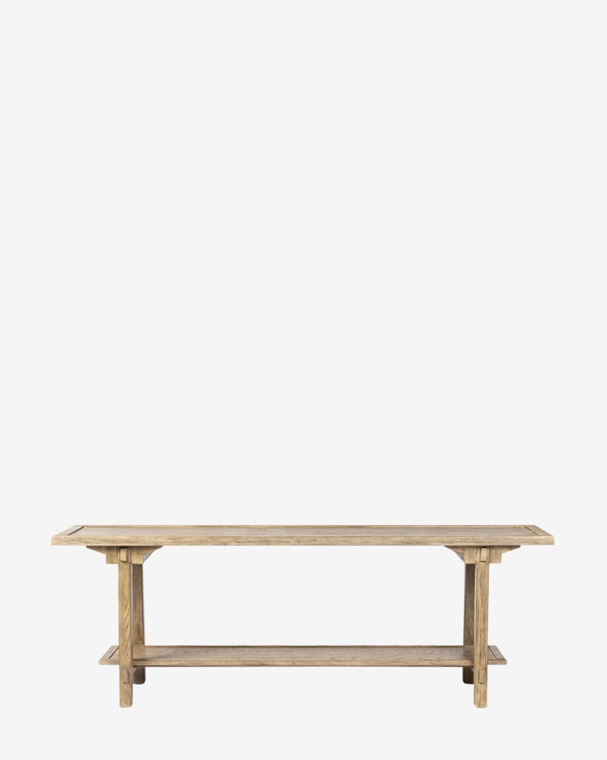 The Uriel Console Table features a long, rectangular distressed oak design with simple, clean lines and a lower support beam, set against a plain white background by McGee & Co.