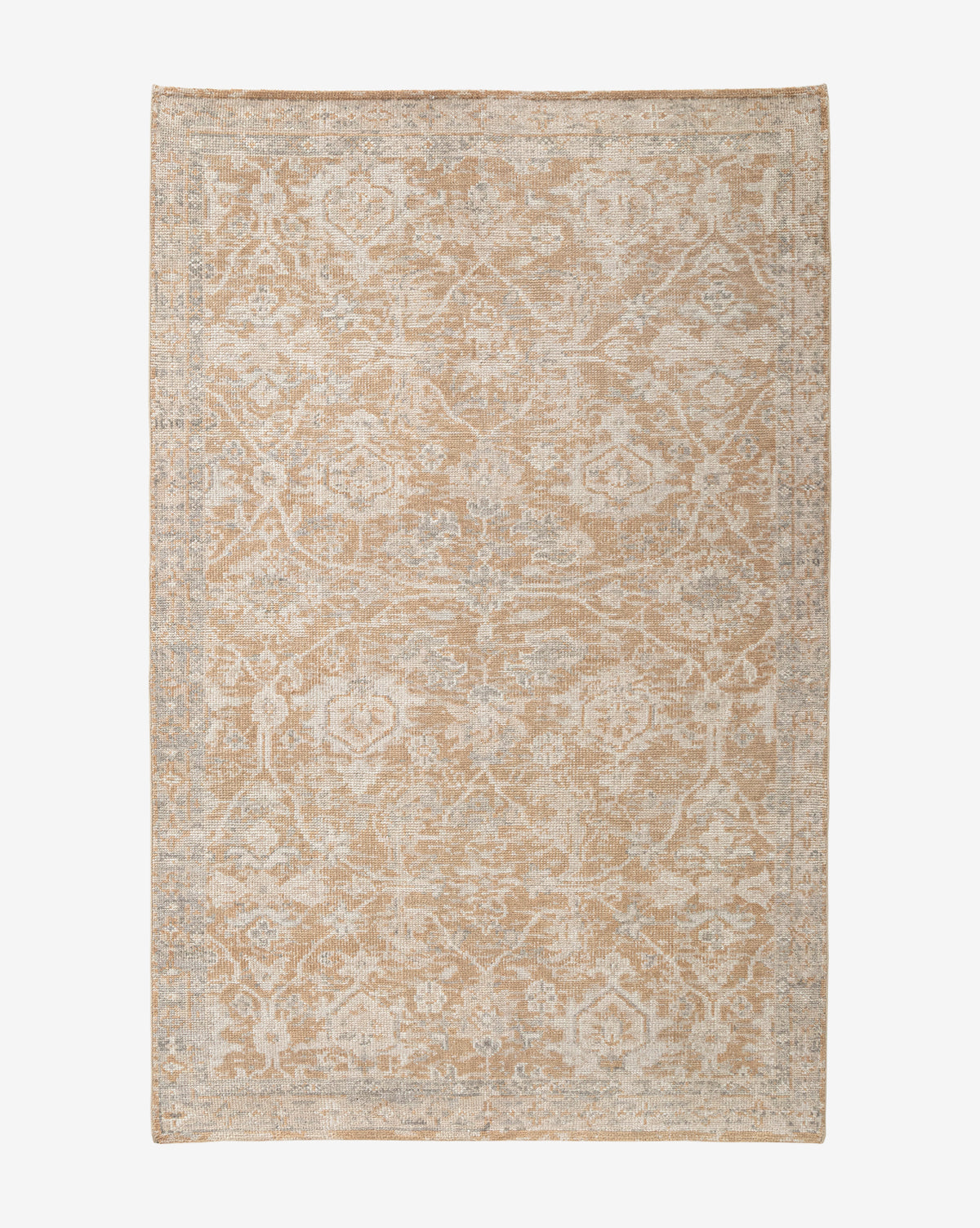 The Vanderwood Hand-Knotted Wool Rug is rectangular, beige and light gray, featuring a subtle, intricate floral and geometric pattern. Shown from above on a white background, by Vendixs