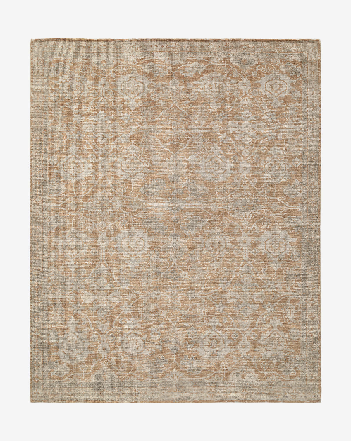 The Vanderwood Hand-Knotted Wool Rug is a rectangular traditional piece with a muted beige and light gray floral pattern, showcasing intricate vintage-style designs and a subtle border around the edges, by McGee & Co.