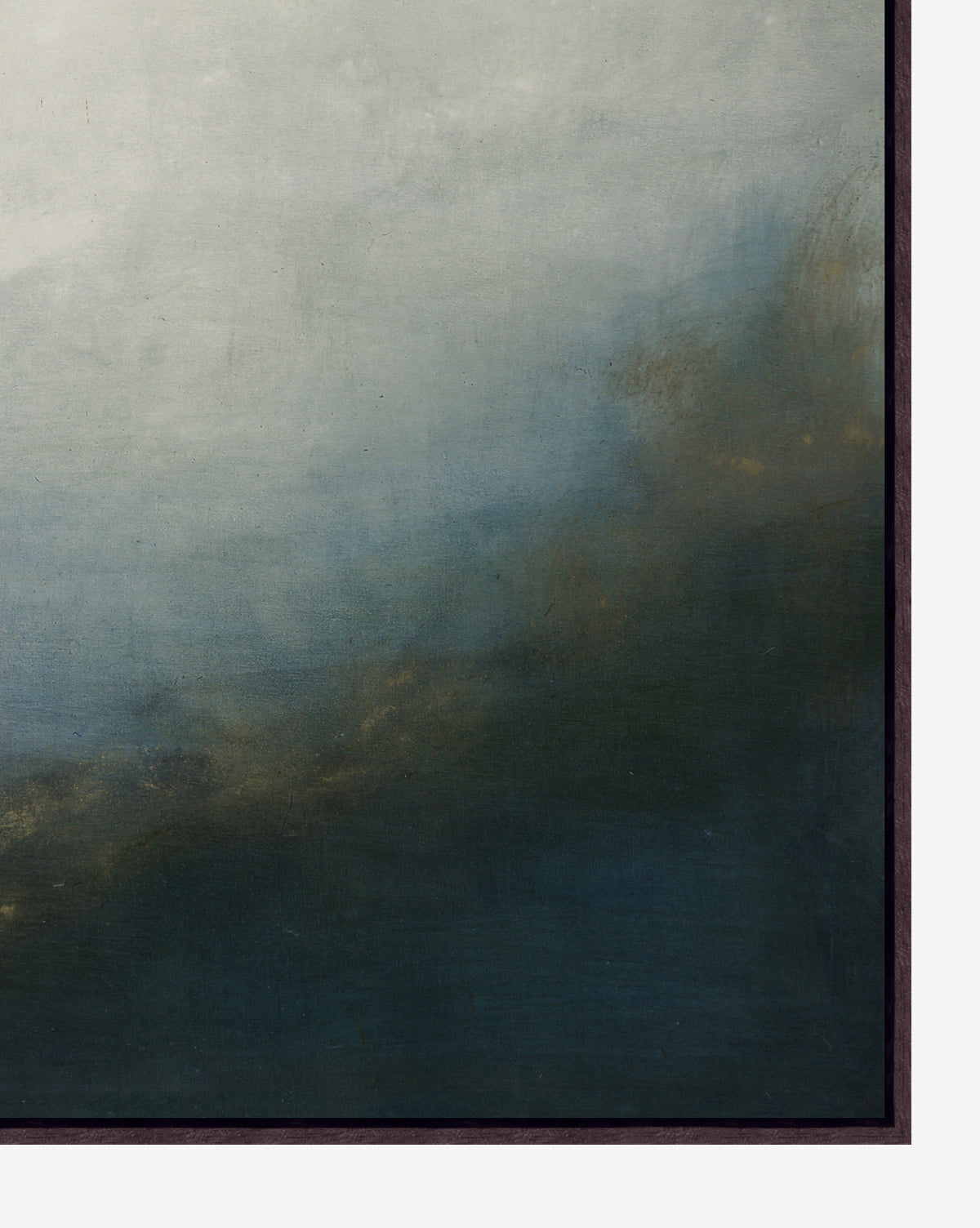 Veiled Horizon by Maggie Grier is a giclee print featuring soft gradients that blend dark blue and green at the bottom right into light gray and white at the top left, evoking a misty sky. Presented in a thin, dark border, by Vendixs