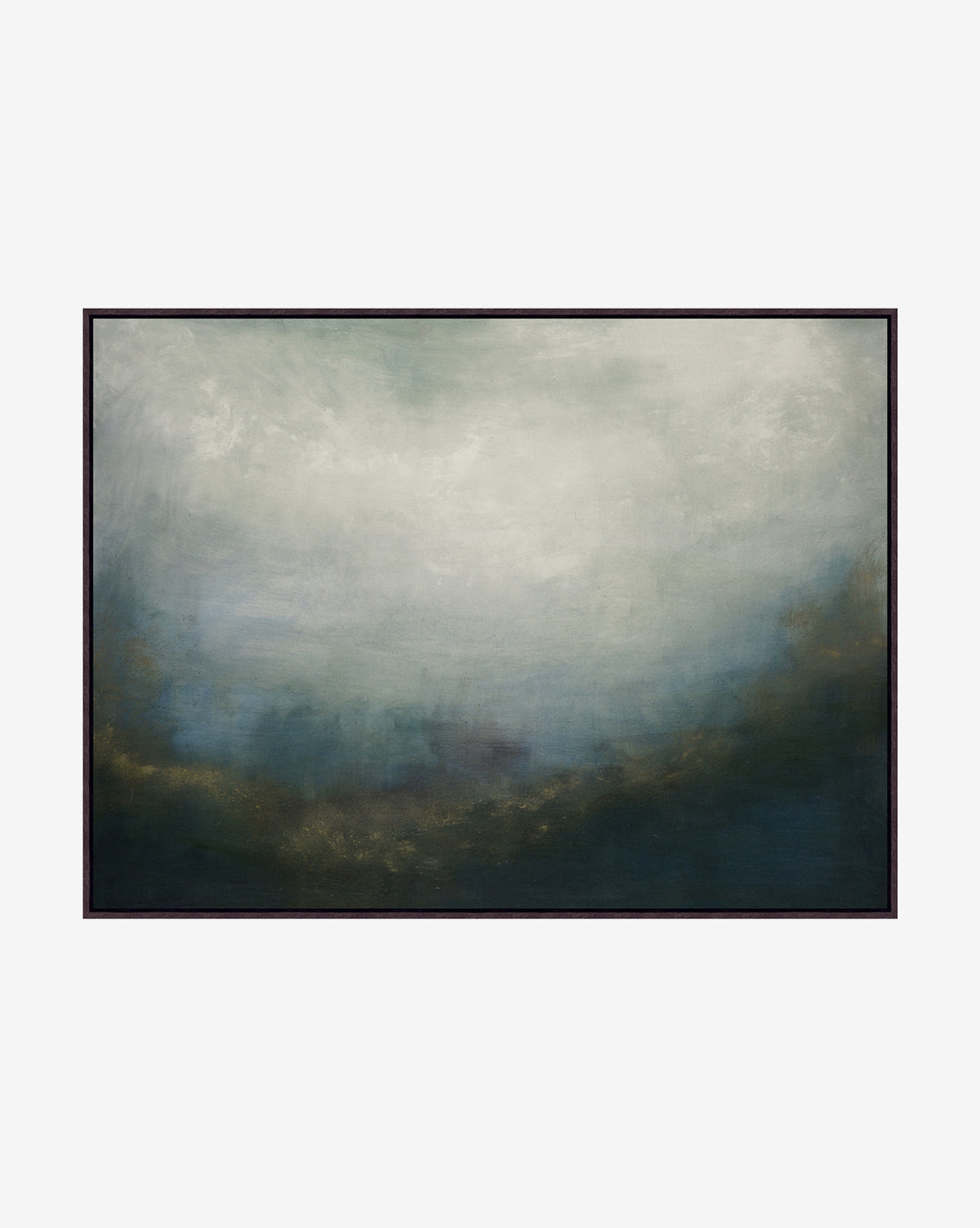 Veiled Horizon by Maggie Grier features an abstract skyscape with soft white, blue, and green hues blending into a misty gradient from light to dark on gallery-wrapped canvas, by Vendixs
