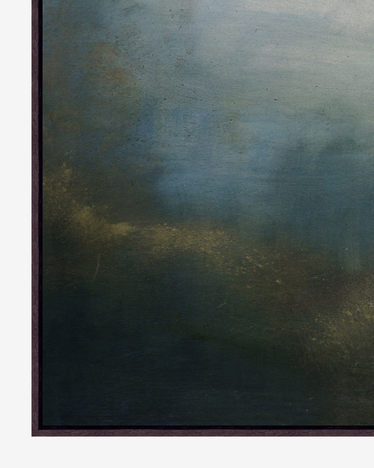 Veiled Horizon by Maggie Grier features blended blue, green, and gold tones that create a misty, tranquil effect across a gallery-wrapped canvas, evoking a dreamy abstract landscape by McGee & Co.
