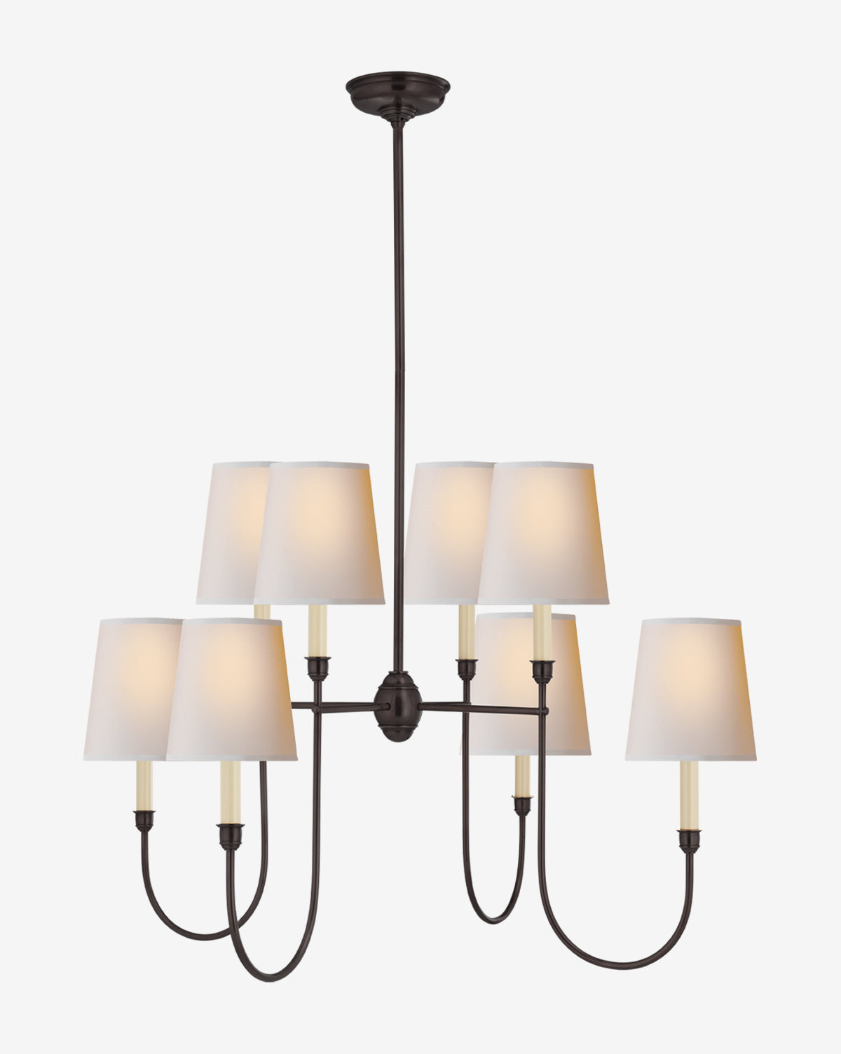 The Vendome Large Chandelier by Visual Comfort & Co. Signature has two tiers with six candelabra bulbs in white linen shades on a black metal frame, suspended from the ceiling by a central rod. Vendixs