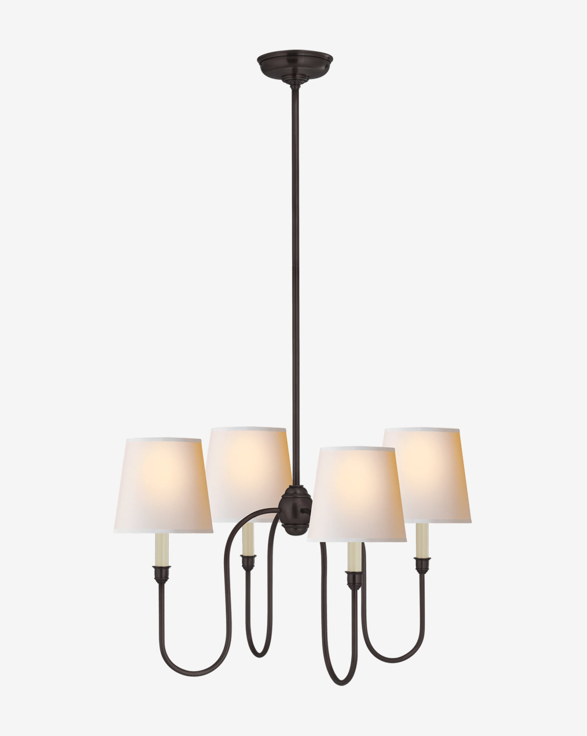 The Visual Comfort & Co. Signature Vendome Small Chandelier features a dark metal frame with four curved arms and linen shades, suspended by a straight rod and using candelabra bulbs for a timeless, elegant look. Vendixs