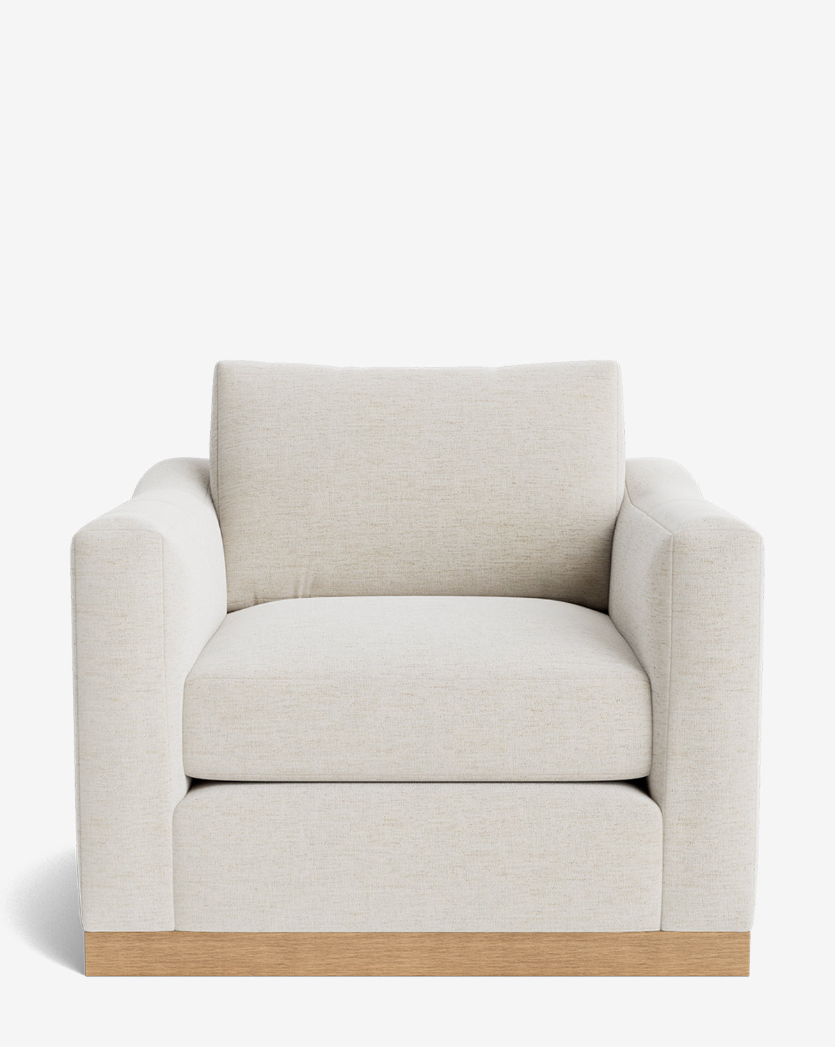 The Vernon Lounge Chair is a modern, overstuffed chair with light beige, customizable upholstery and an alder wood frame, shown against a plain white background by McGee & Co.