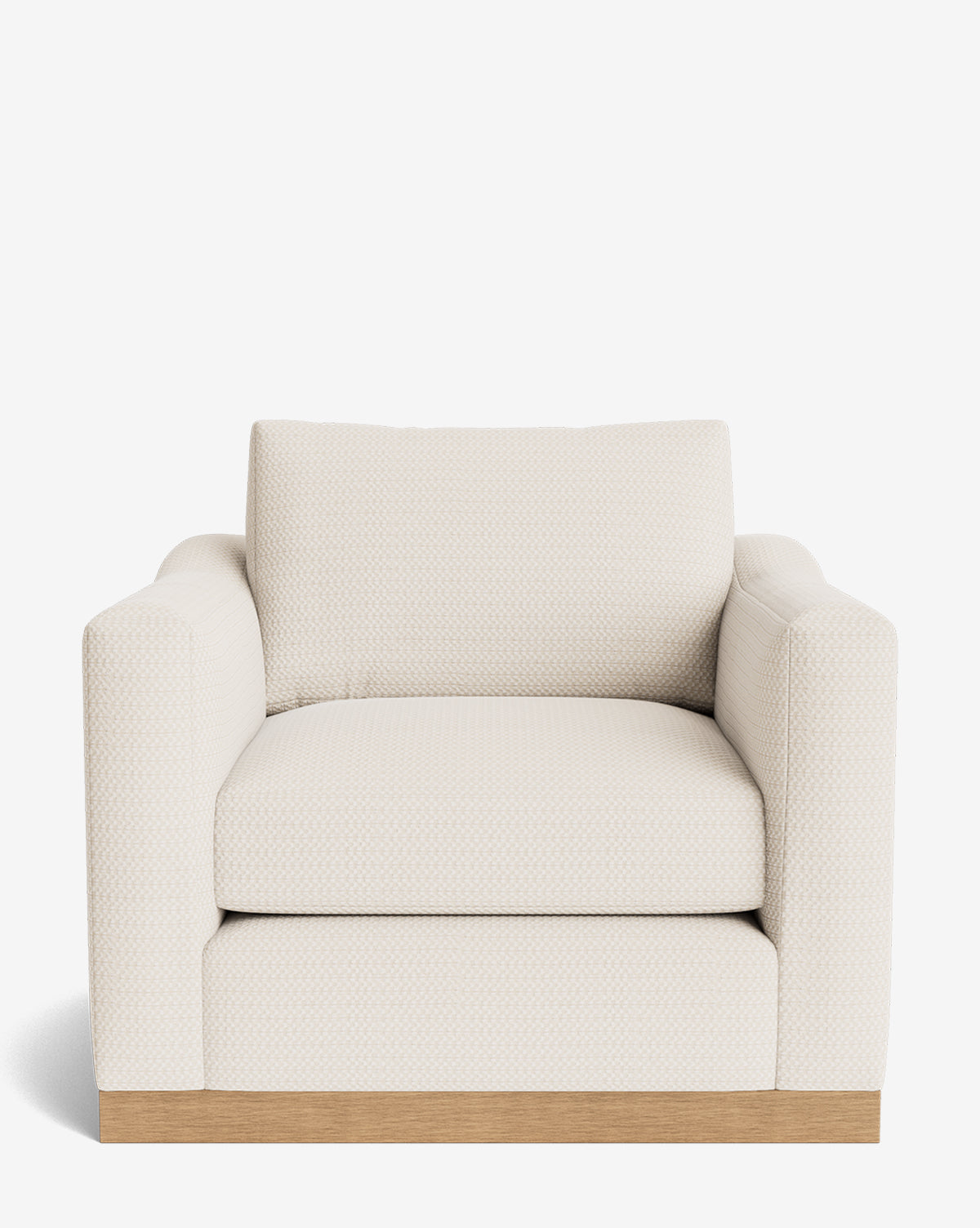 The Vernon Lounge Chair offers a modern look with customizable cream upholstery, plush cushions, wide armrests, and a durable alder wood frame, all showcased against a plain white background by McGee & Co.
