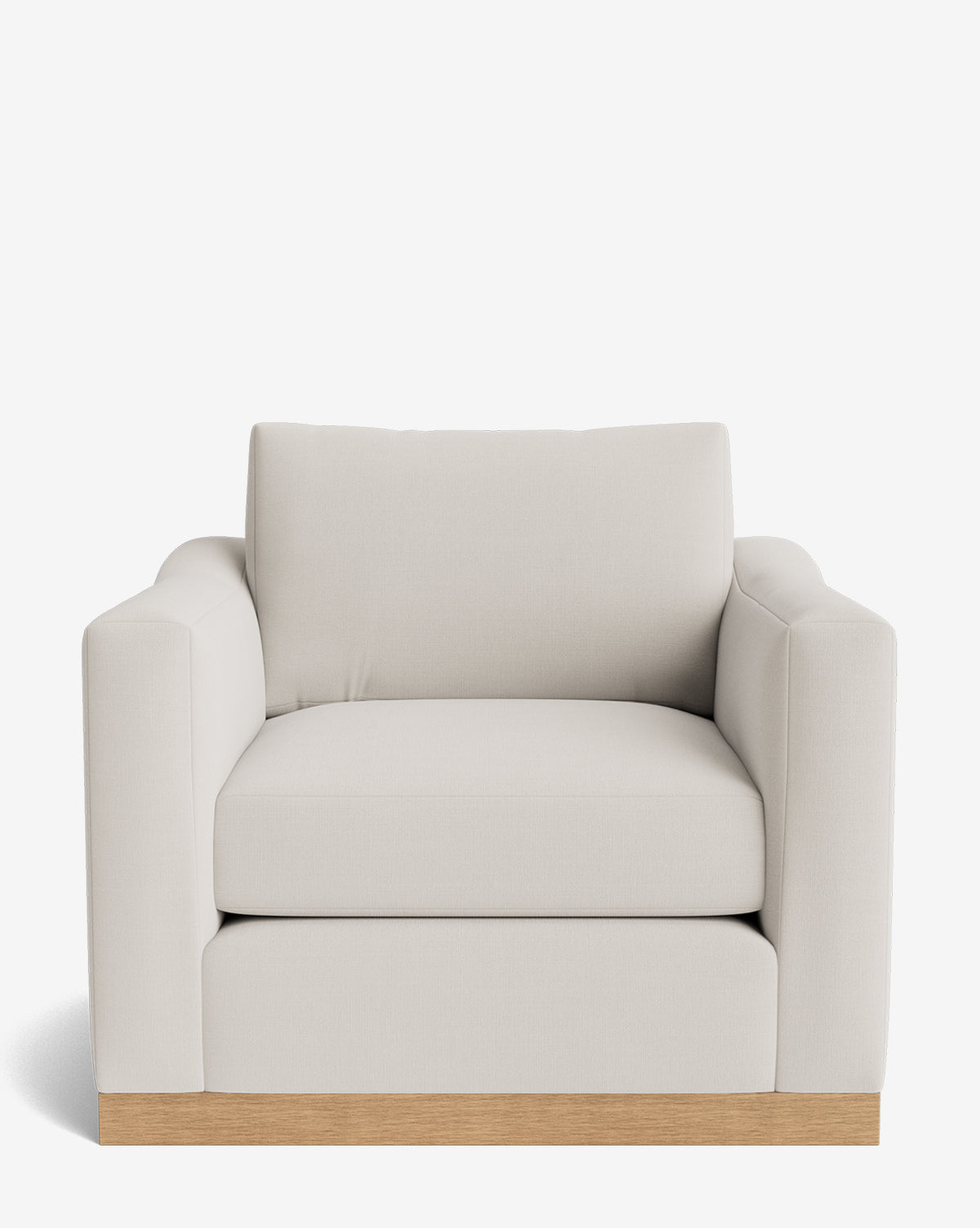 The Vernon Lounge Chair is a modern, oversized lounge chair with customizable light beige upholstery, wide seat, thick square arms, and a sturdy alder wood frame base, shown against a white background by McGee & Co.