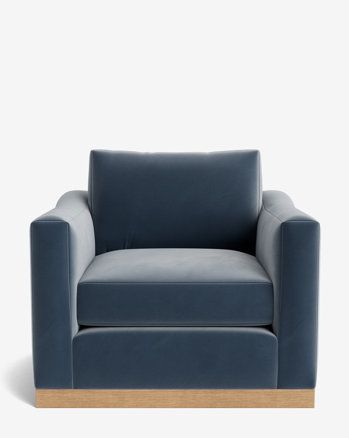 The Vernon Lounge Chair features blue customizable upholstery, a wide cushioned seat and backrest, square armrests, and a light alder wood frame set against a plain white background by McGee & Co.