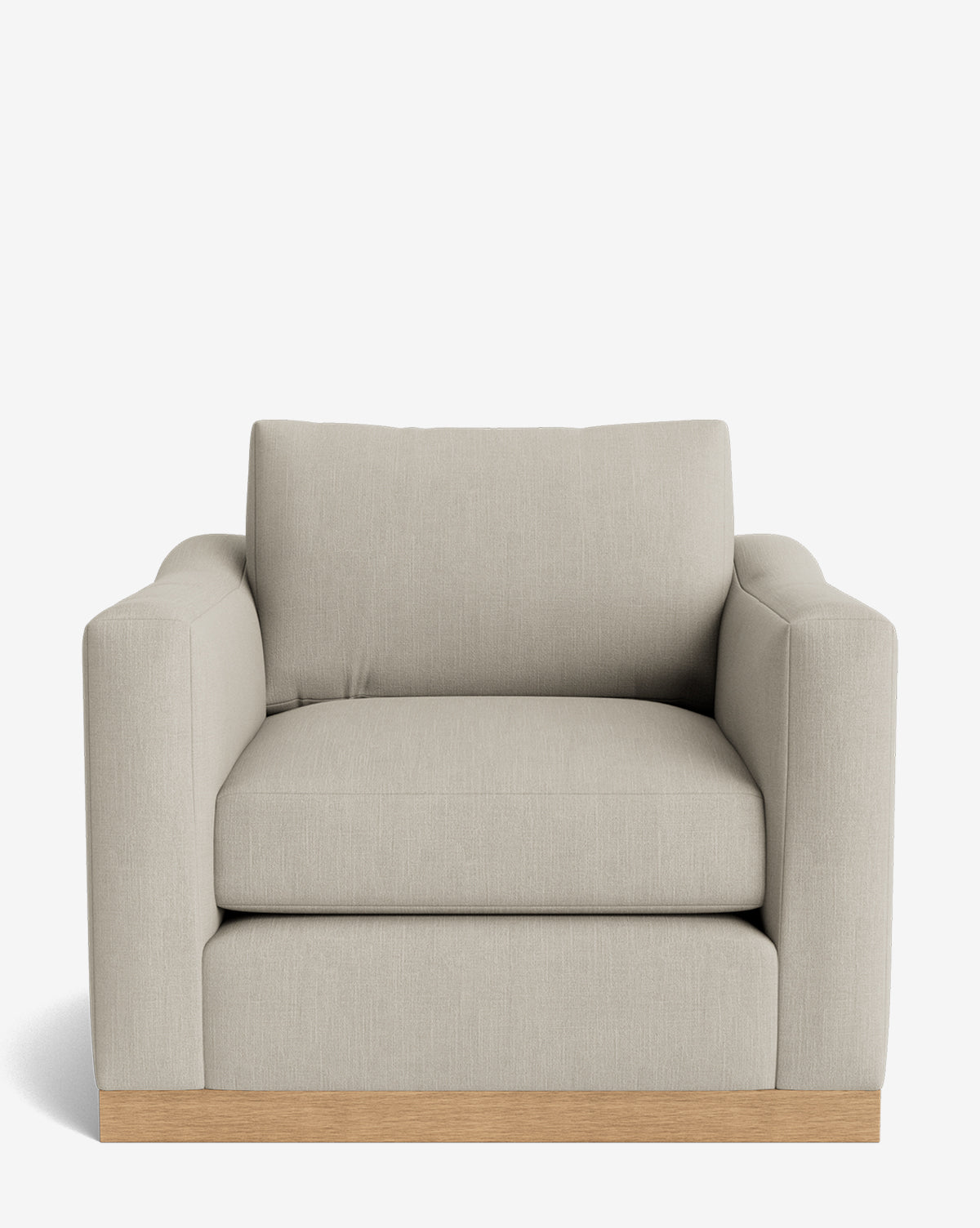 The Vernon Lounge Chair features customizable light beige upholstery, a wide cushioned seat and back, square armrests, and an alder wood base, all shown against a plain white background by McGee & Co.