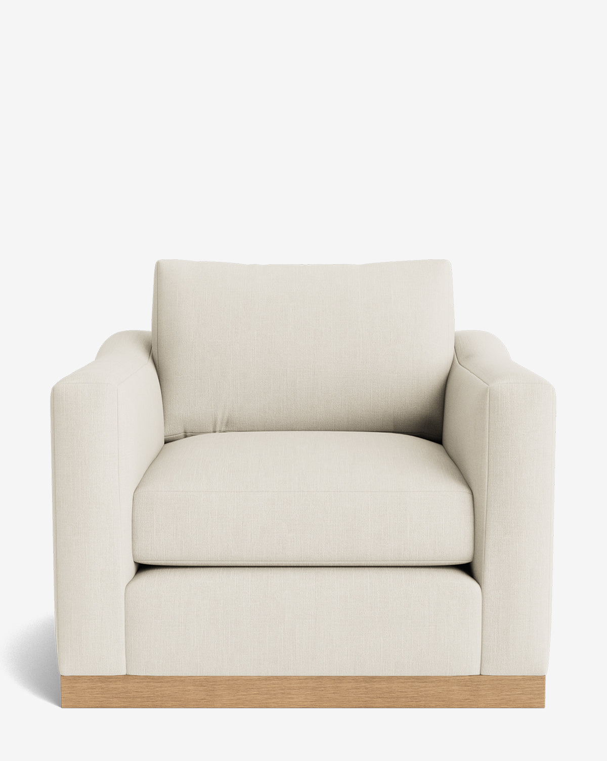 The Vernon Lounge Chair is a modern, wide armchair with cream customizable upholstery and an alder wood frame, displayed against a plain white background by McGee & Co.