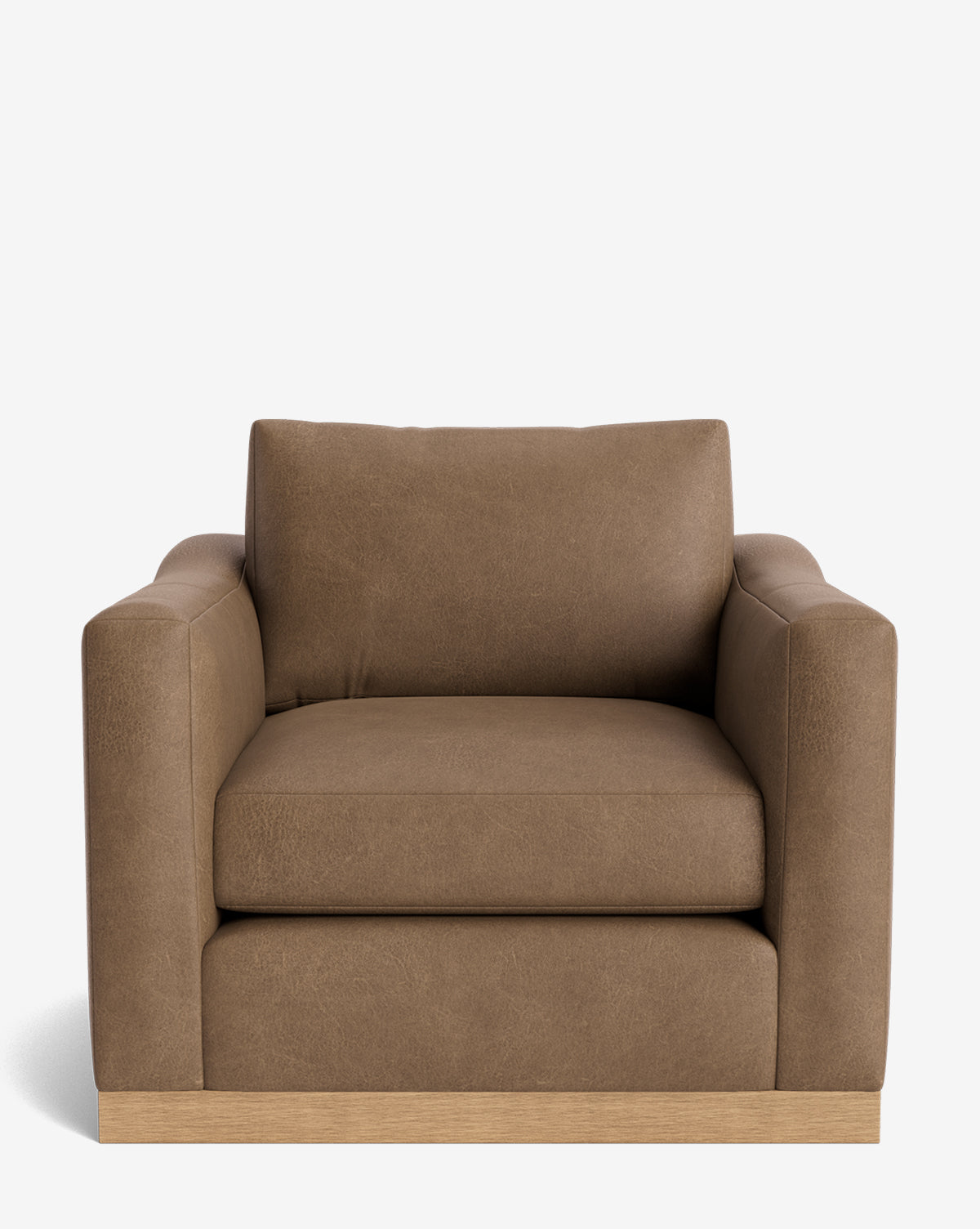 The Vernon Lounge Chair showcases a modern brown leather design with customizable upholstery, wide arms, plush cushions, and a light alder wood frame, set against a plain white background by McGee & Co.