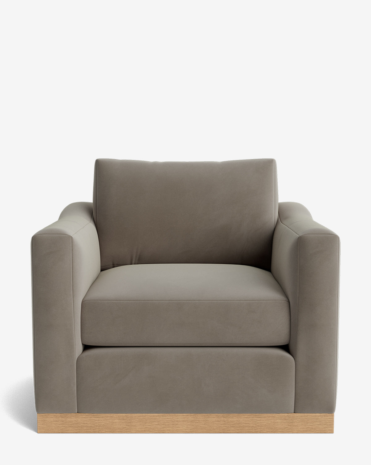 The Vernon Lounge Chair showcases a modern taupe design with wide square arms, a plush seat cushion, and rests on an alder wood frame against a plain white background, by McGee & Co.