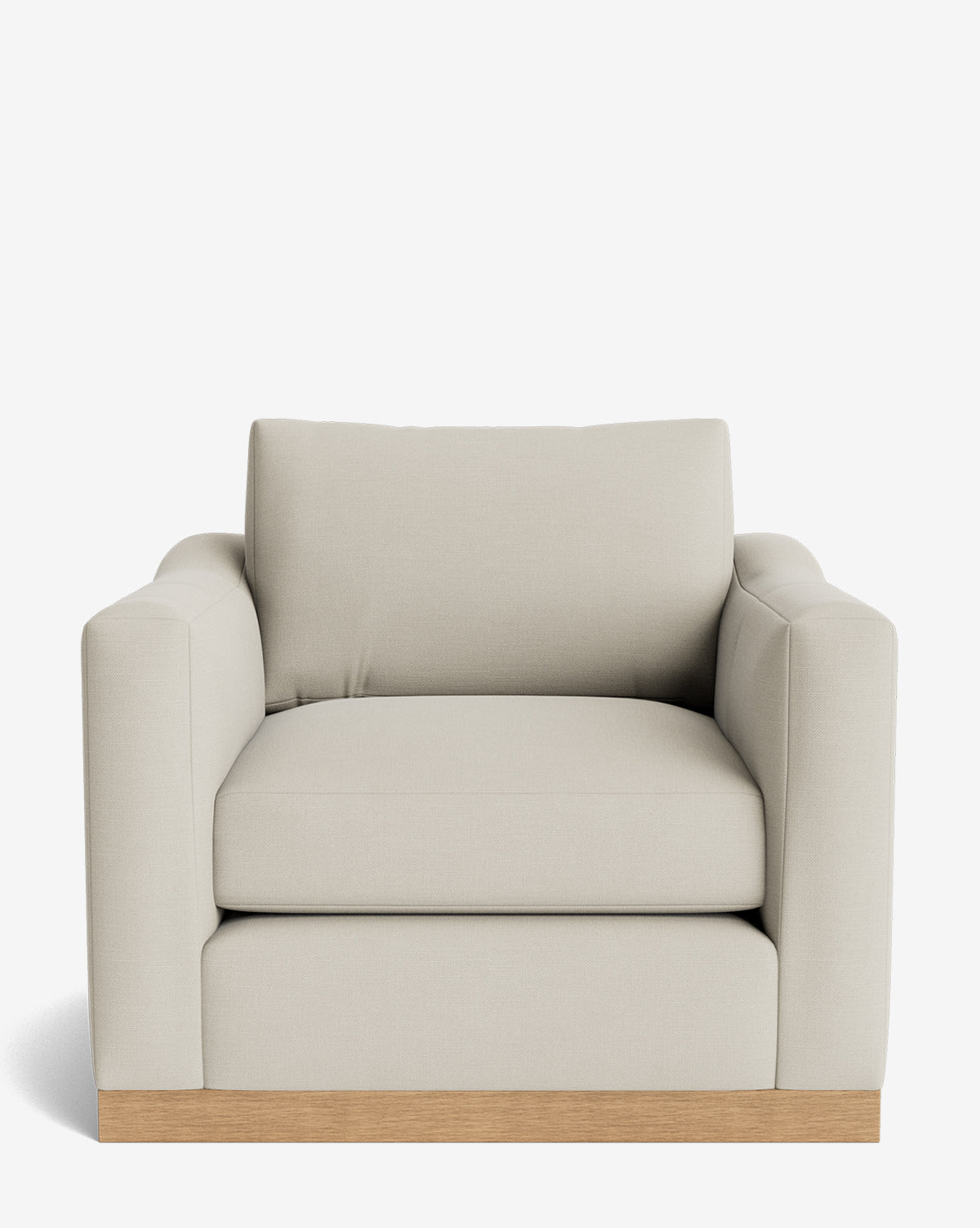 The Vernon Lounge Chair offers customizable upholstery, plush cushions, and square arms, set on a light alder wood frame base against a white background for modern style, by McGee & Co.