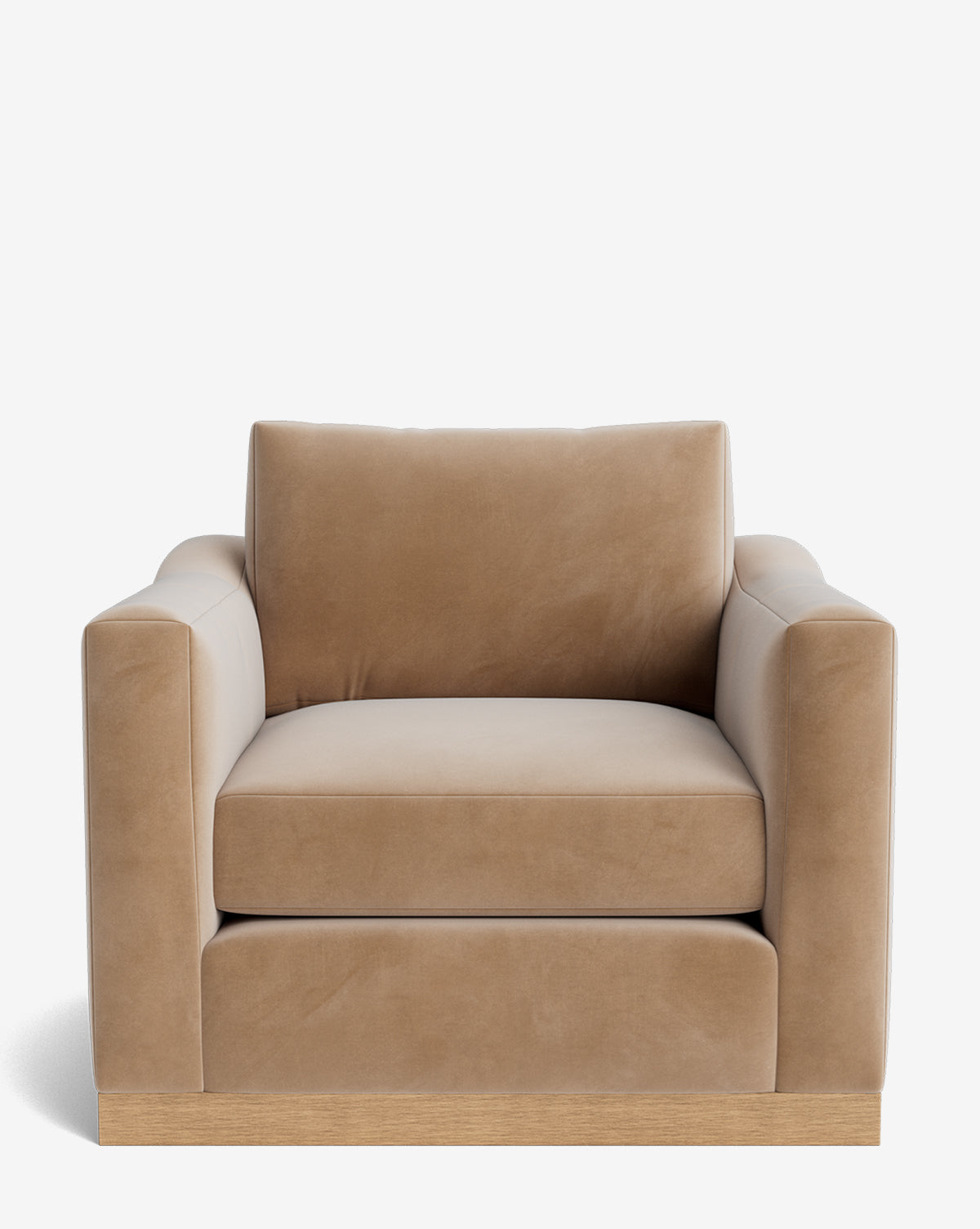 The Vernon Lounge accent chair showcases a modern boxy design with wide, straight armrests and a sturdy alder wood frame. Upholstered in light brown suede-like fabric, it offers customizable upholstery for stylish comfort against a plain white background, by Vendixs