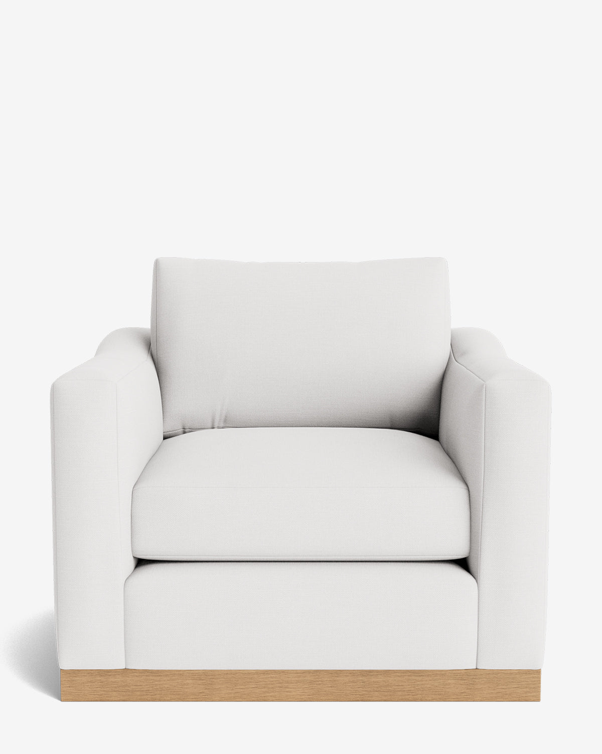 A modern, oversized Vernon Lounge Chair with white customizable upholstery and a light alder wood frame, shown from the front against a plain white background by McGee & Co.
